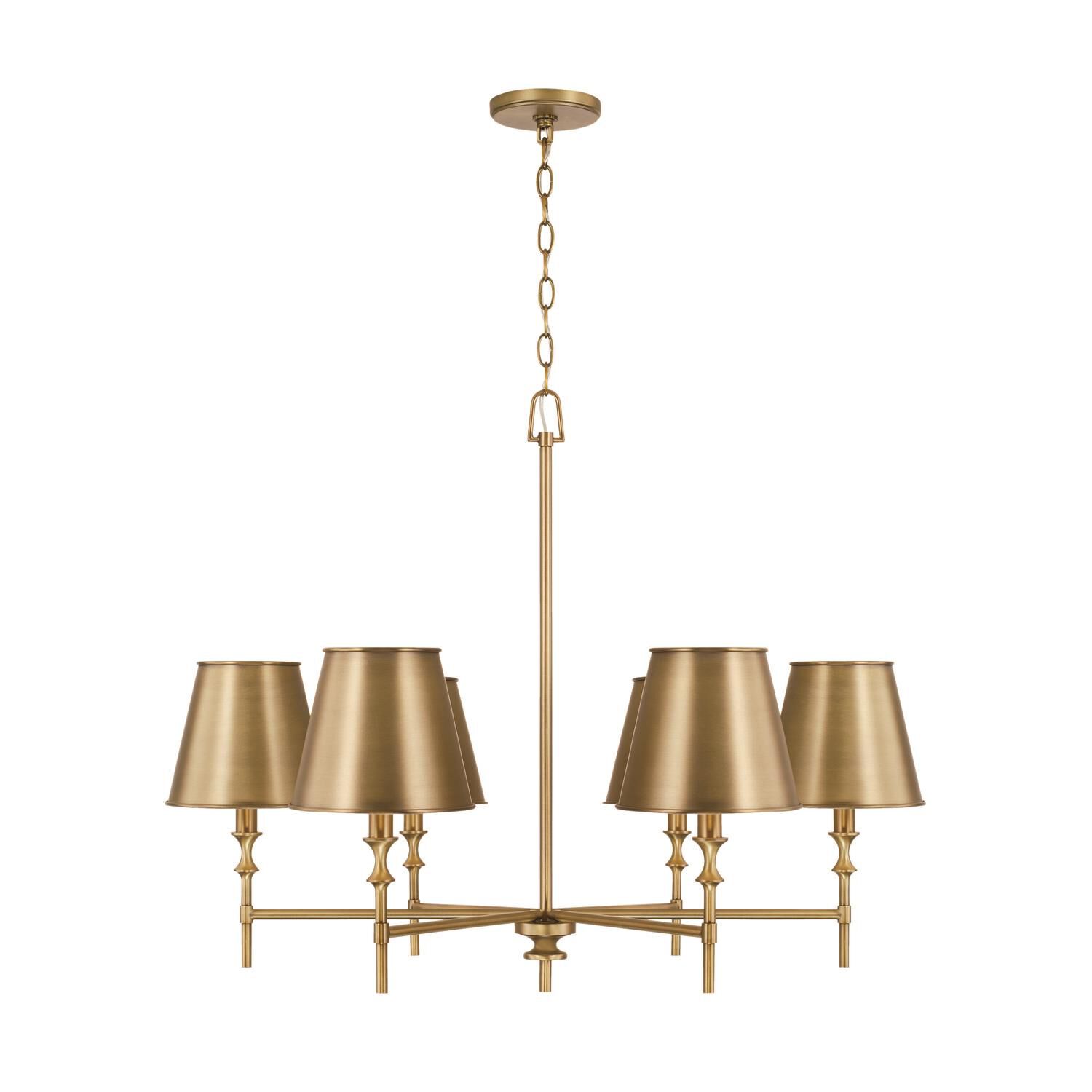 Shown in Aged Brass finish and Aged Brass Metal Stay-Straight  with White Interior shade