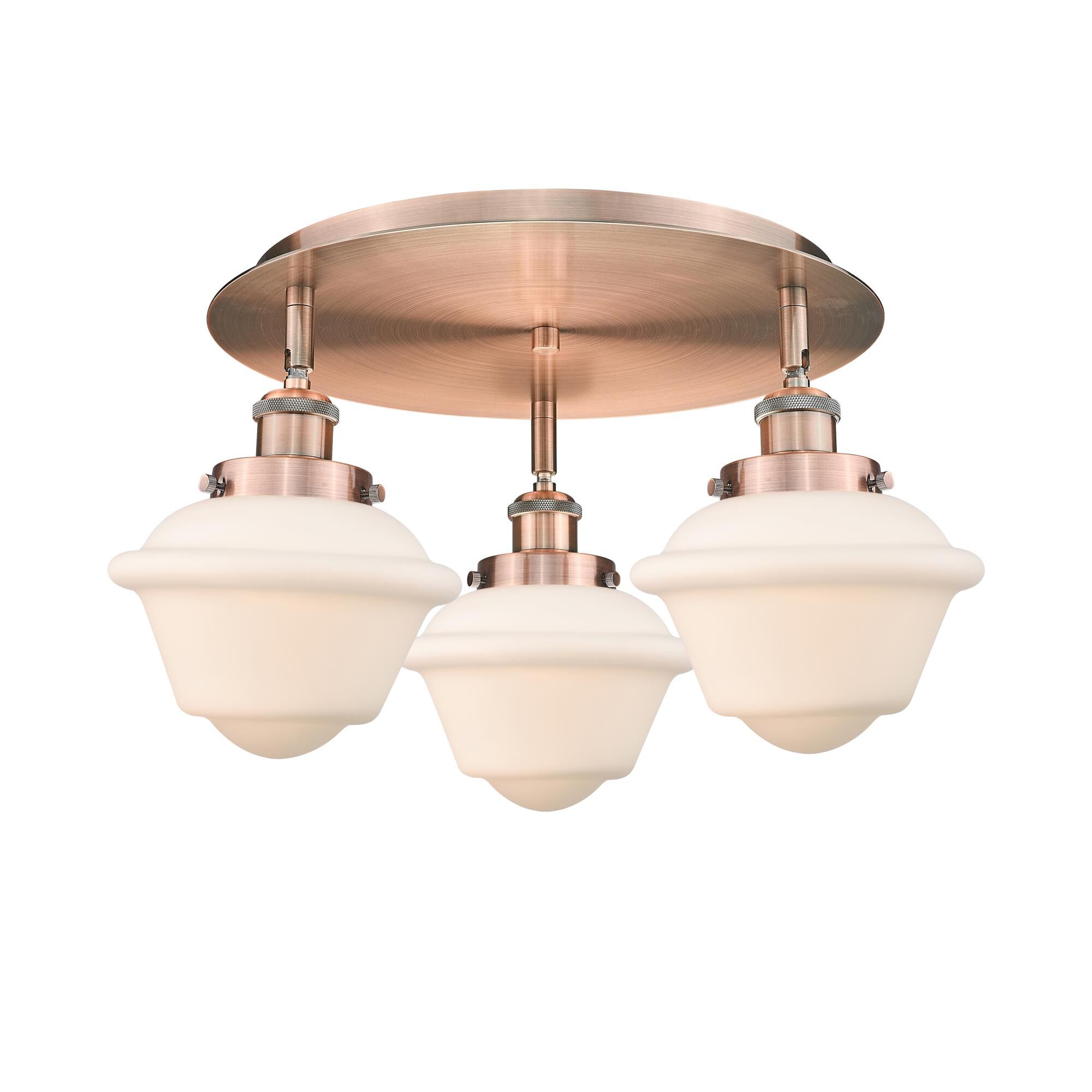 Shown in Antique Copper finish and Matte White glass