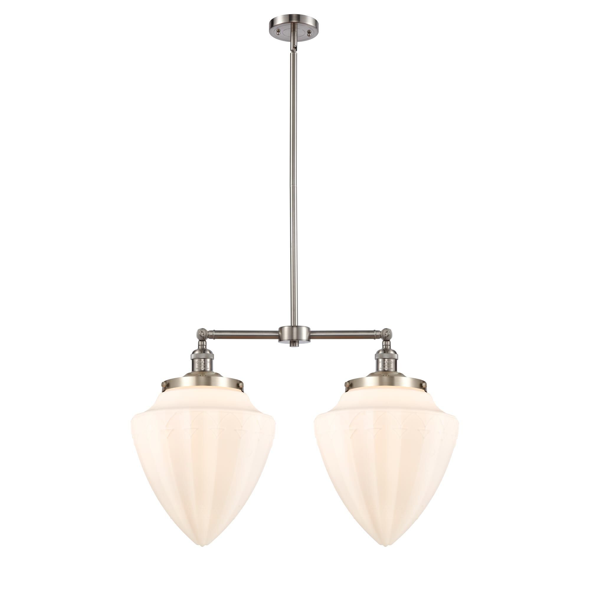 Shown in Brushed Satin Nickel finish and Matte White glass