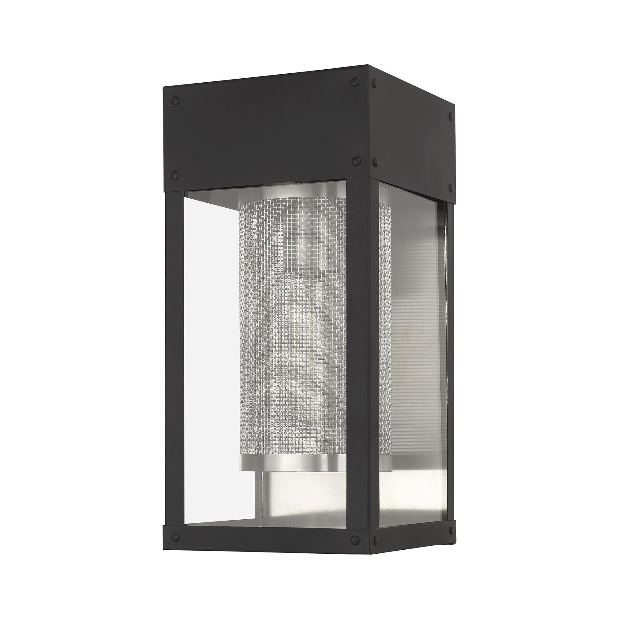 Shown in Black finish and Clear Outside and Stainless Steel Mesh Cylinder Inside glass
