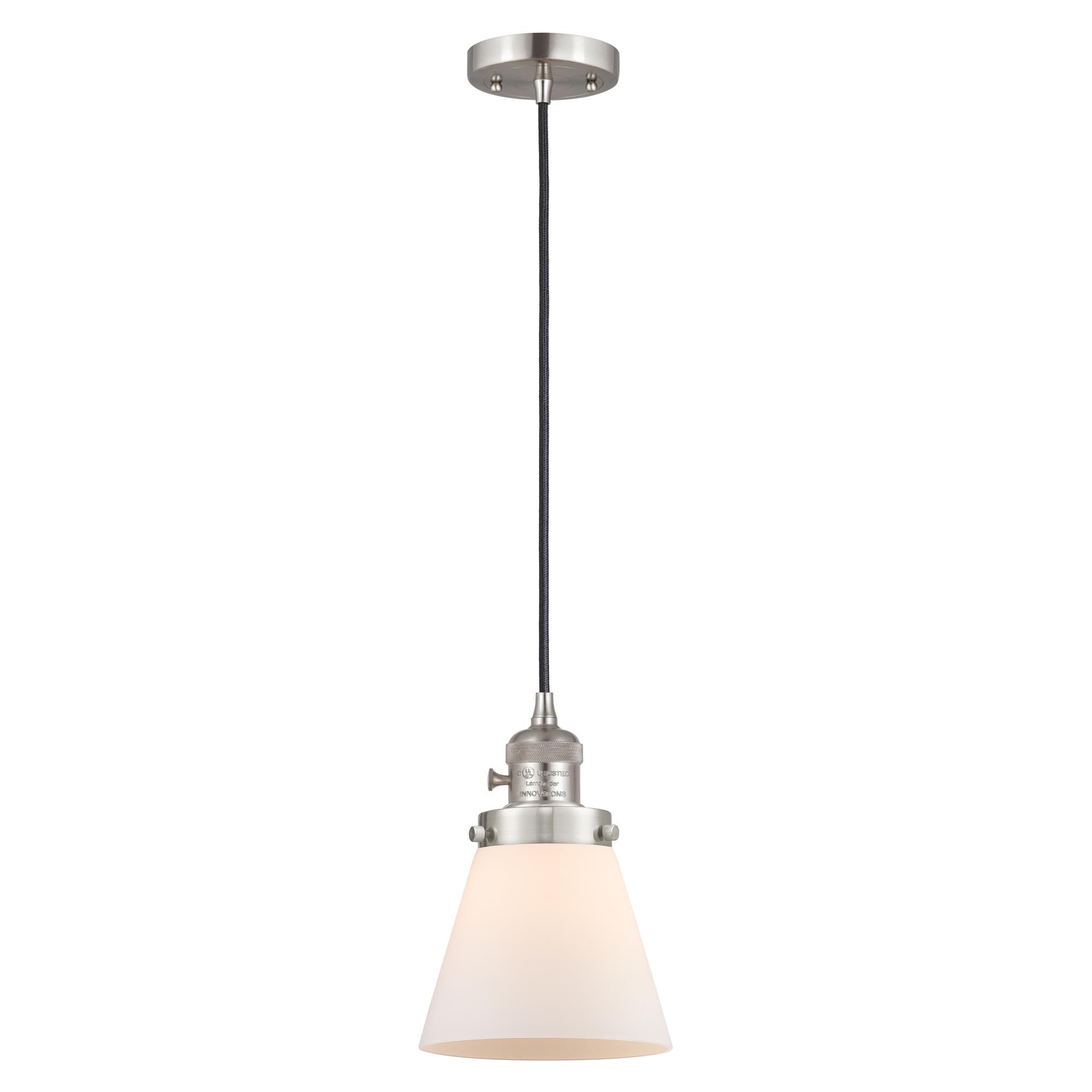 Shown in Brushed Satin Nickel finish and Matte White Cased glass