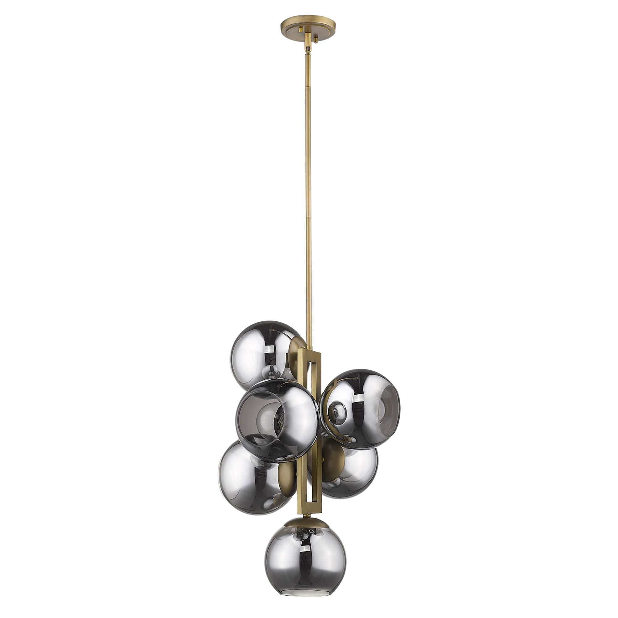 Shown in Aged Brass finish and Smoke glass and Smoke Glass Globes shade