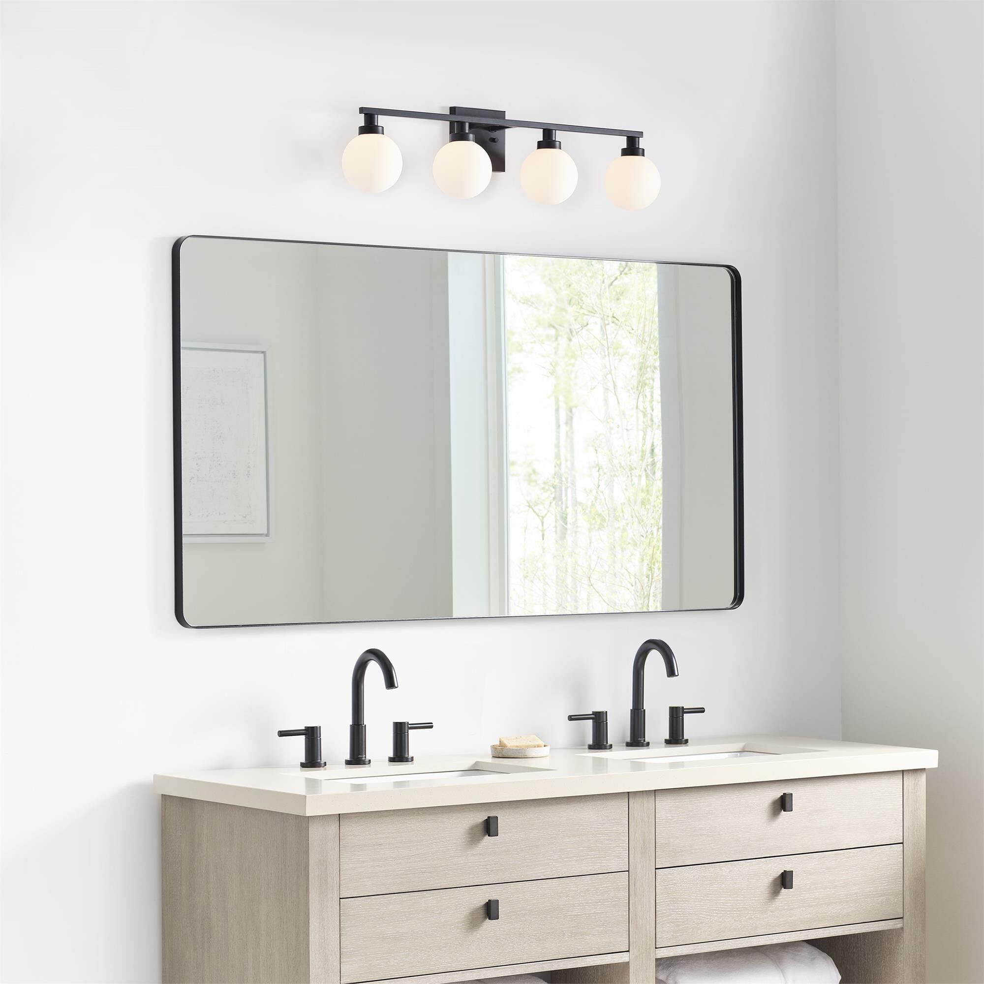 Shown in Midnight Black finish and Milk glass