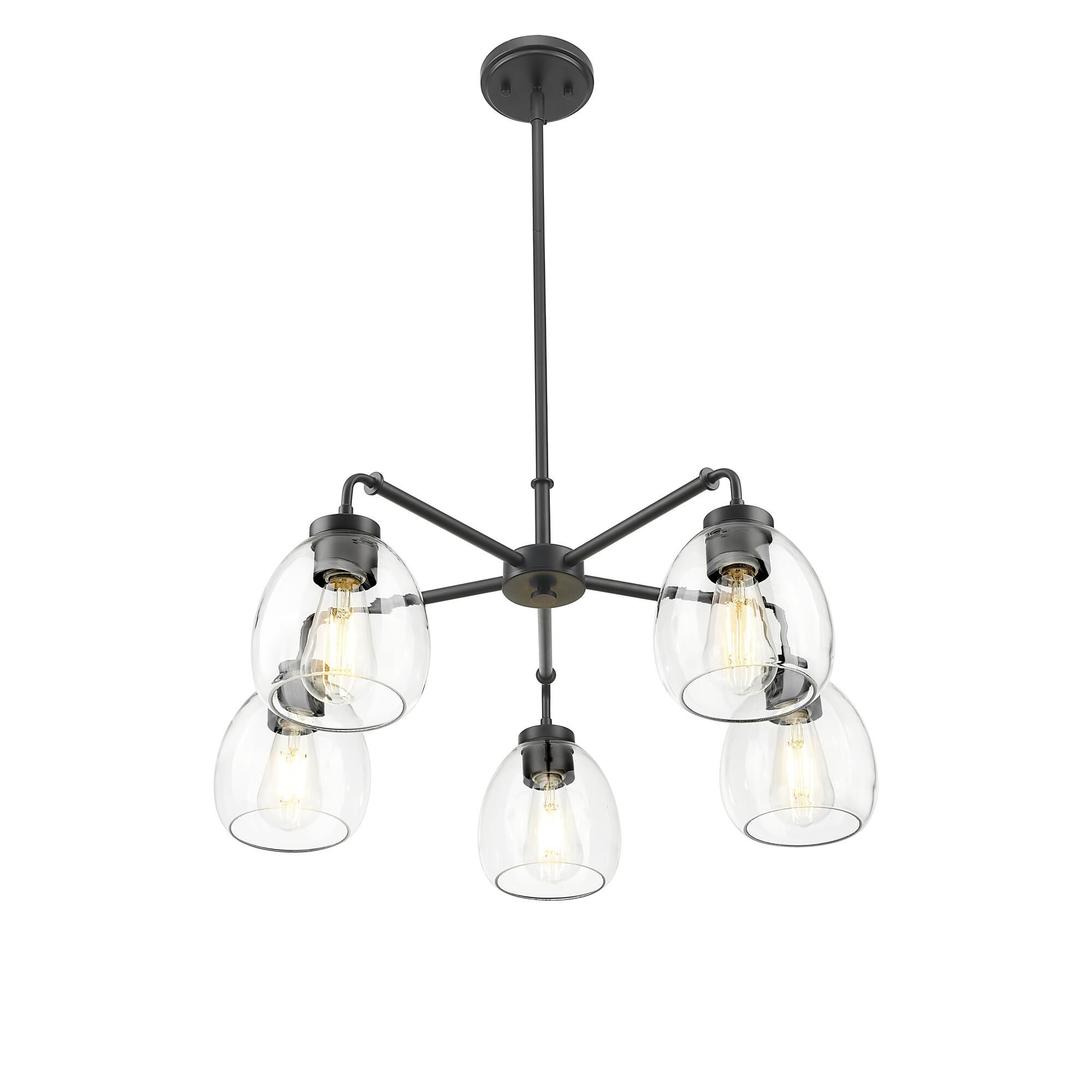 Shown in Matte Black finish and Clear Glass Globes shade