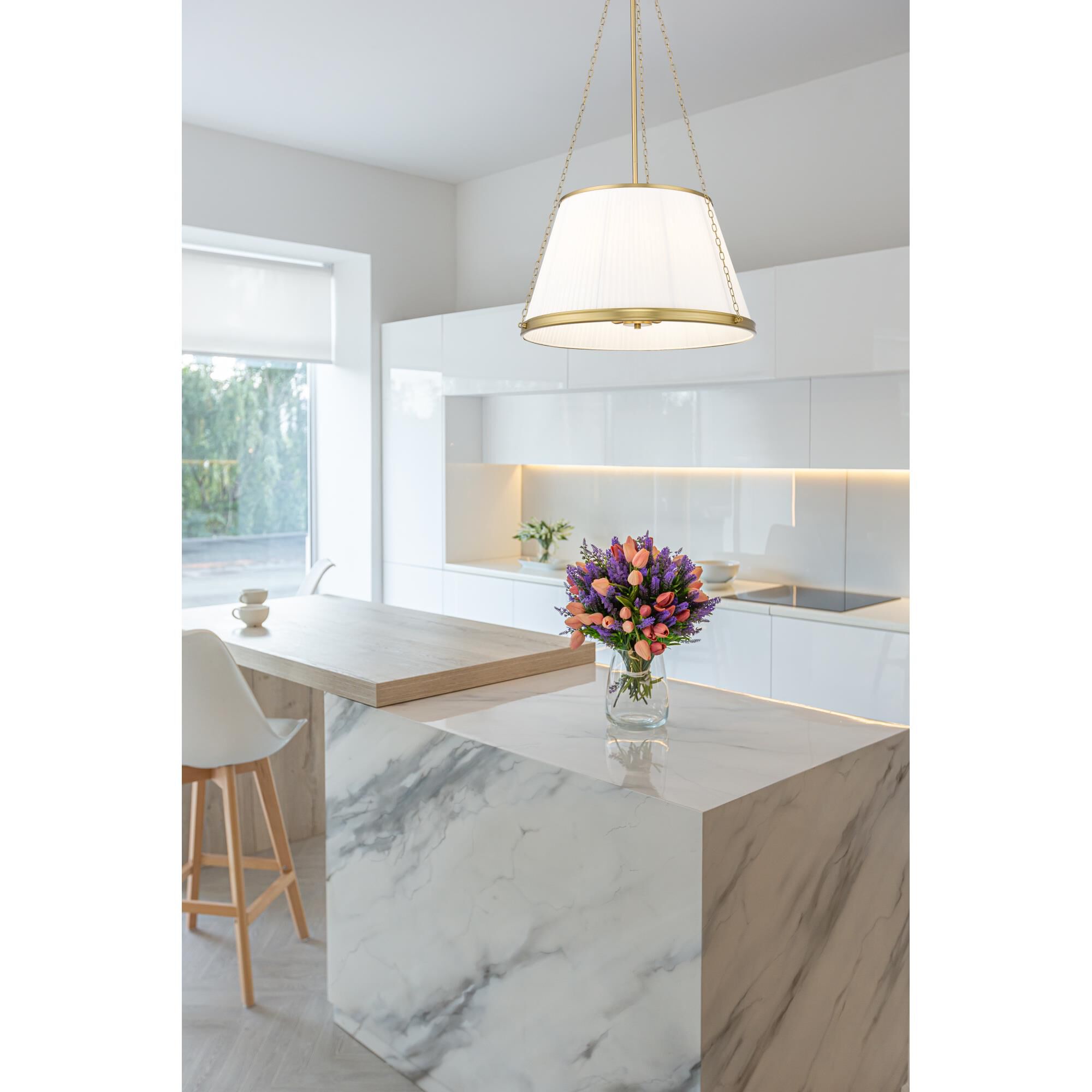 Shown in Modern Gold finish and White glass and White shade