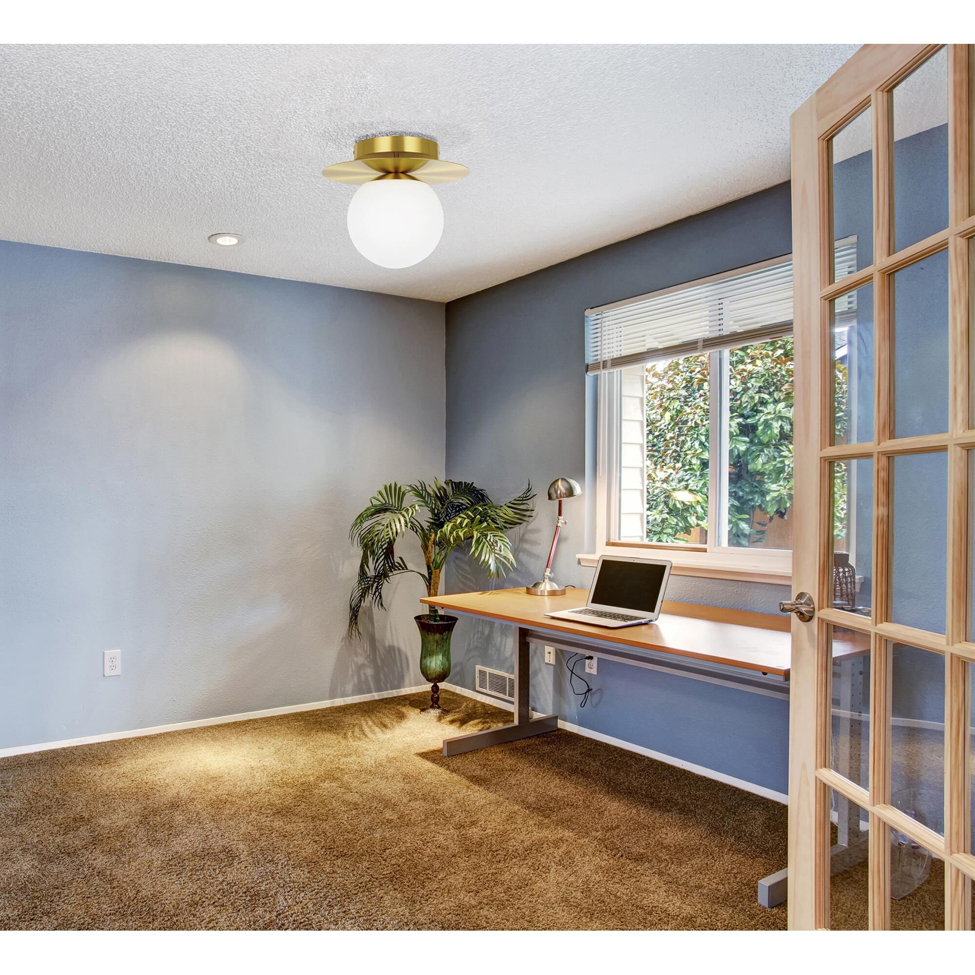 Shown in Brushed Brass finish and White Opal glass