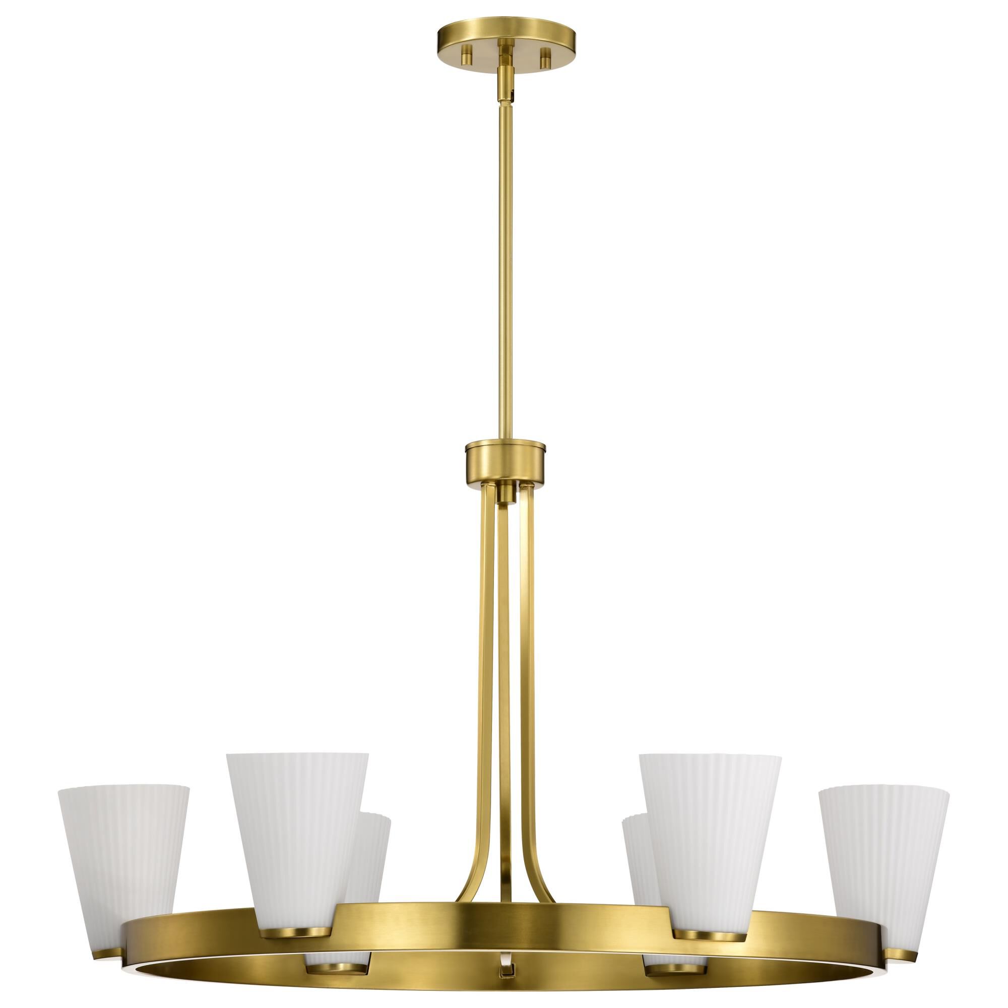 Shown in Burnished Brass finish and Ribbed White glass