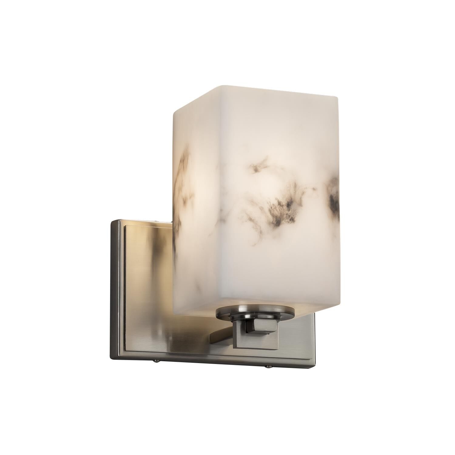 Shown in Brushed Nickel finish and Faux Alabaster Resin glass and Square with Flat Rim accent