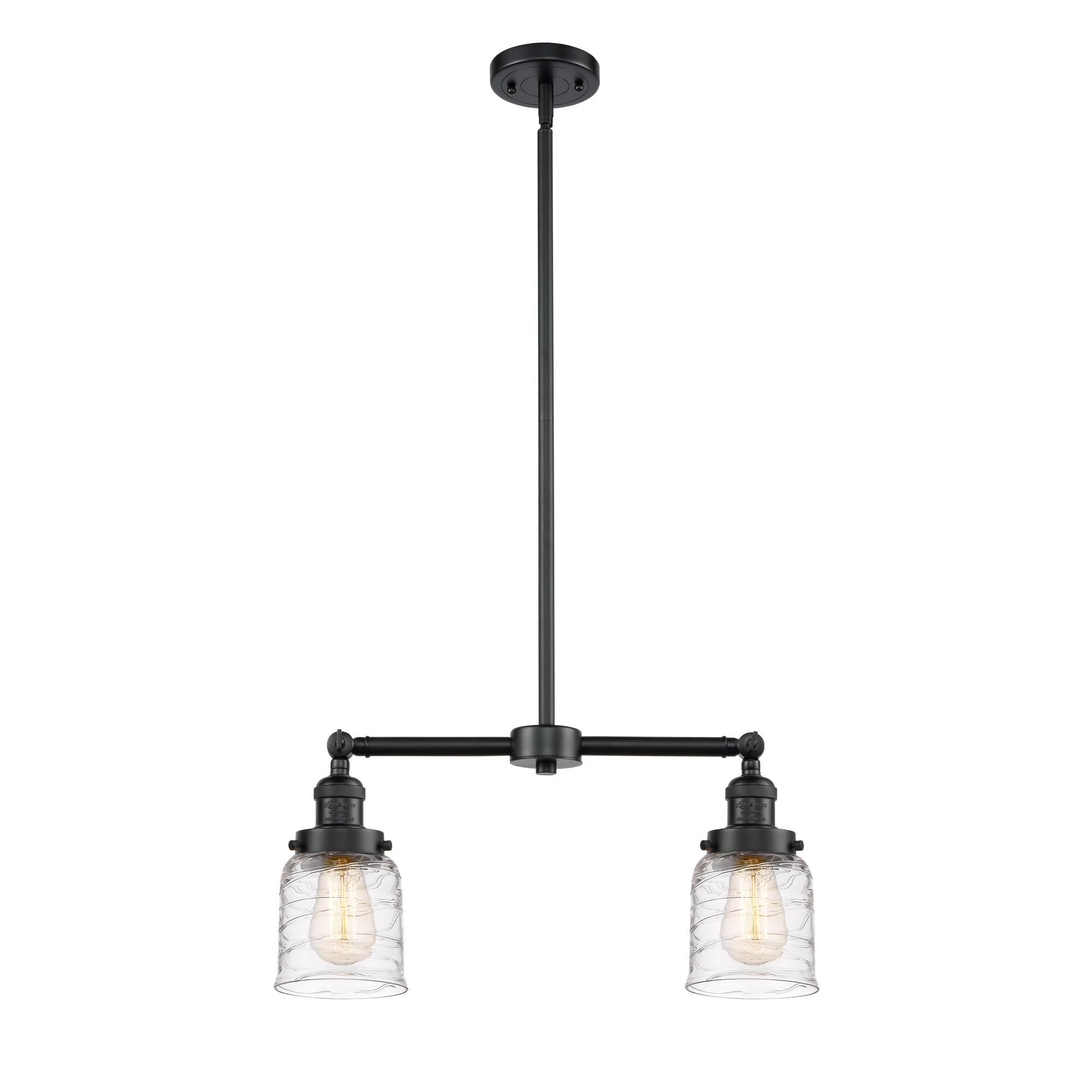 Shown in Oil Rubbed Bronze finish and Clear Deco Swirl Small Bell glass