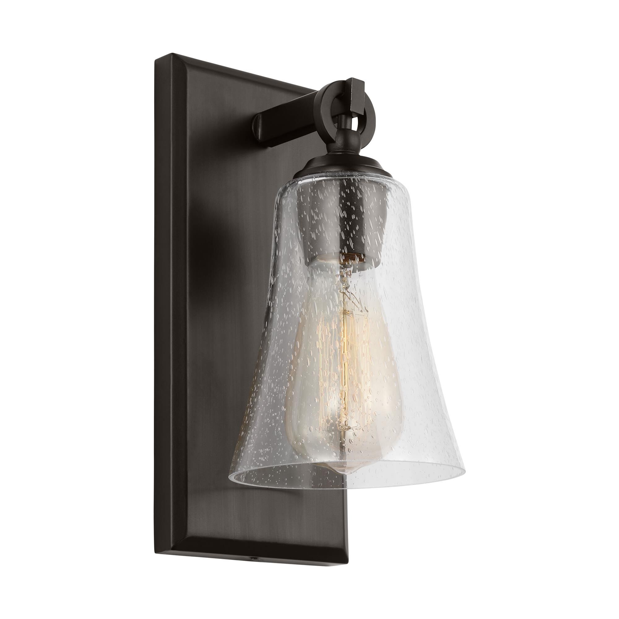 Shown in Aged Iron finish and Clear Seeded glass