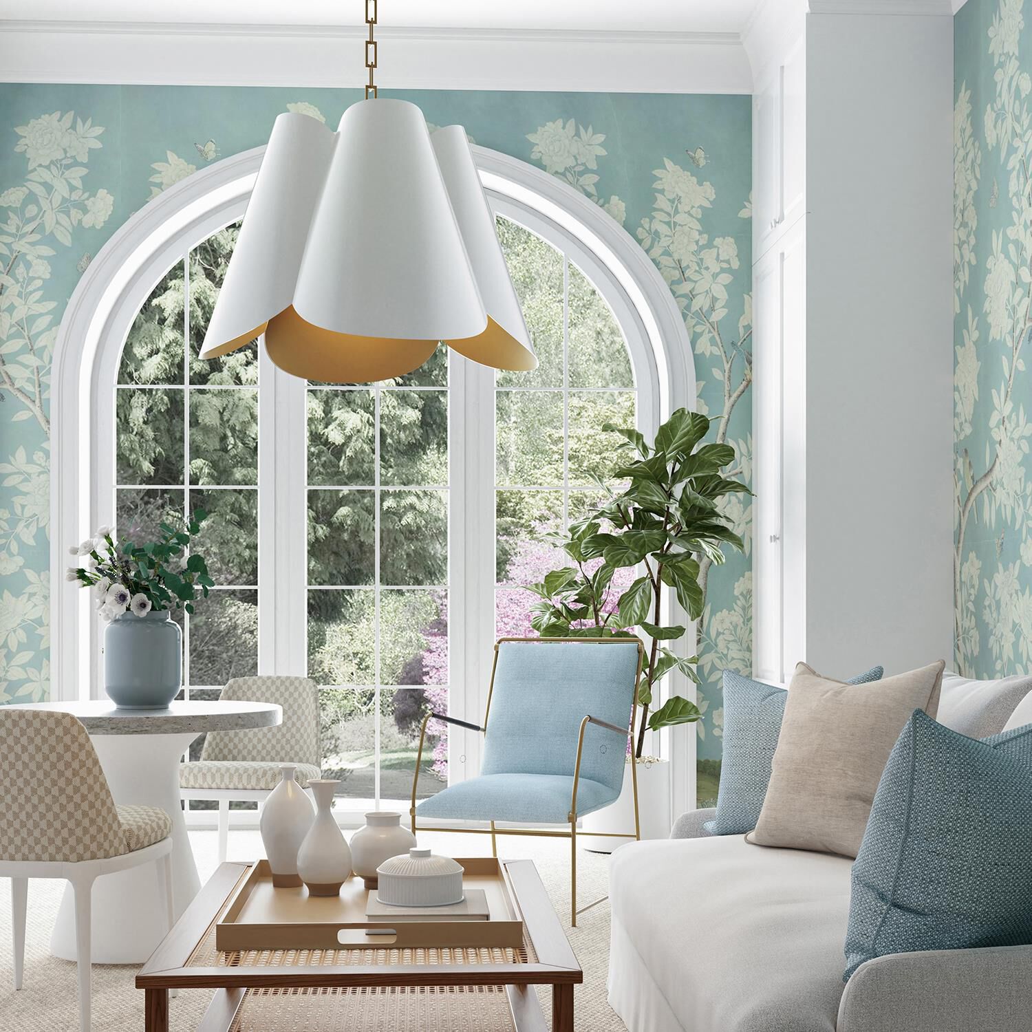 Shown in Matte Brass and White finish and White Metal with Painted Matte Brass Interior shade