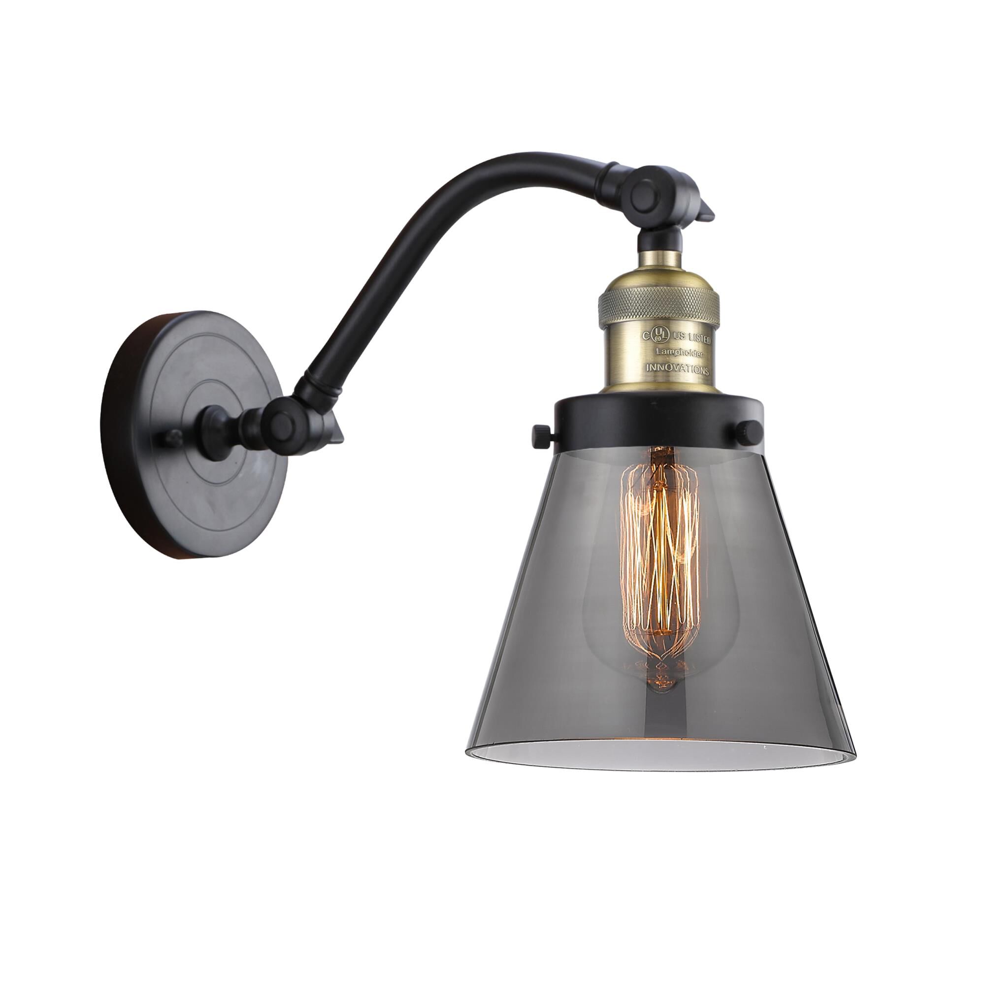 Shown in Black Antique Brass finish and Plated Smoke Small Cone glass