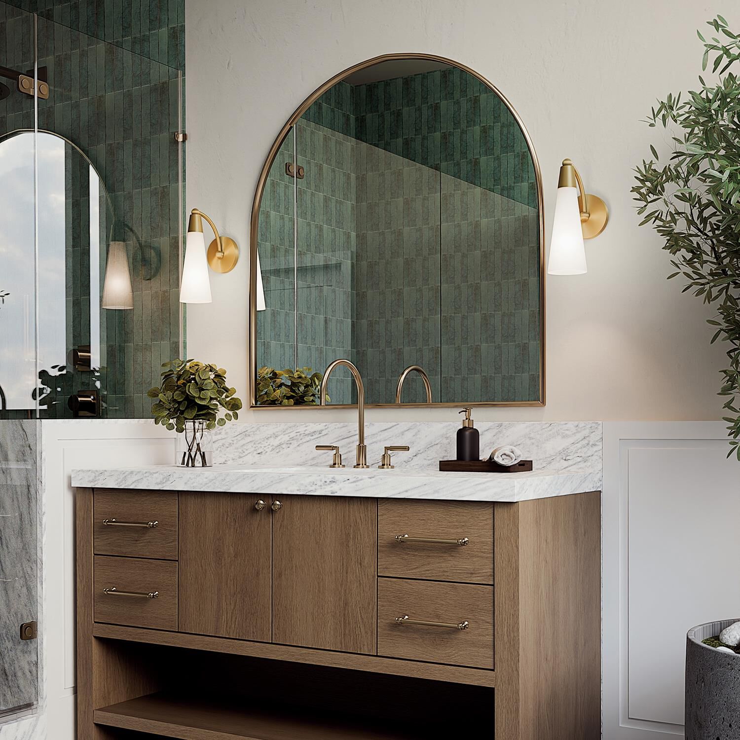 Shown in Aged Brass finish and Soft White glass