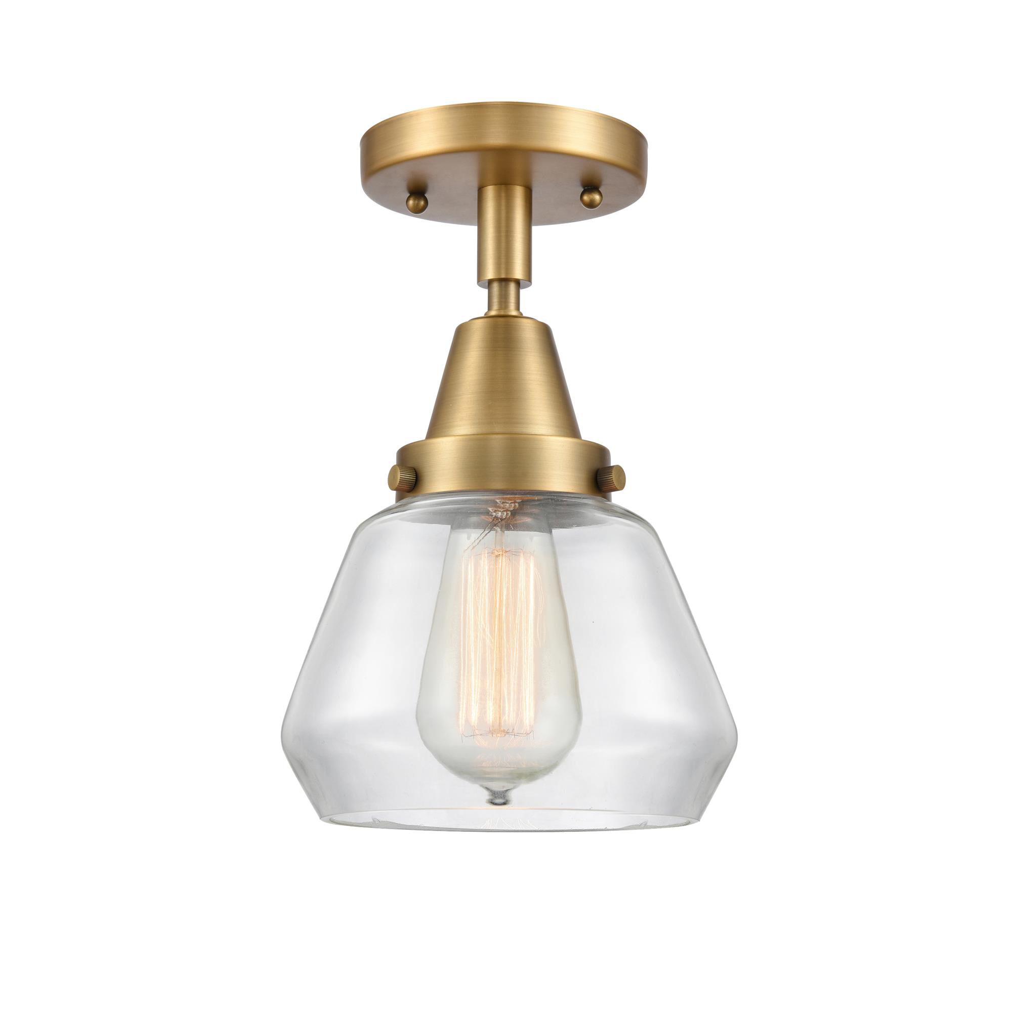 Shown in Brushed Brass finish and Clear Fulton glass