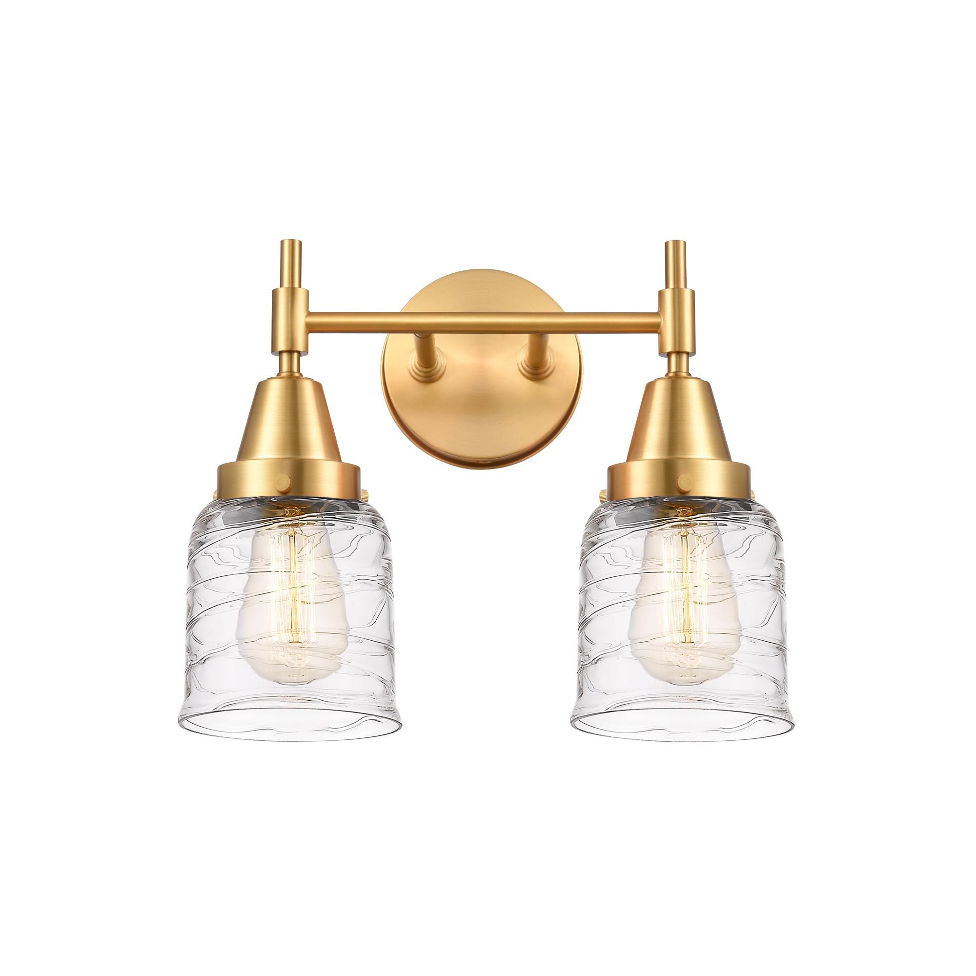 Shown in Satin Gold finish and Clear Deco Swirl Small Bell glass