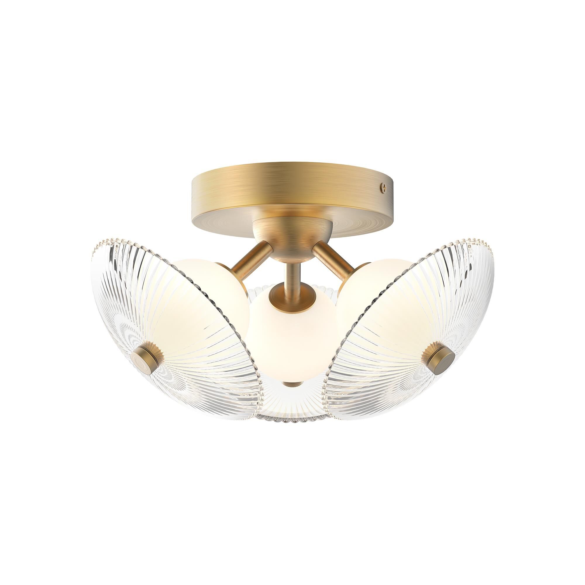 Shown in Brushed Gold finish and Clear Ribbed and Matte Opal Ball glass