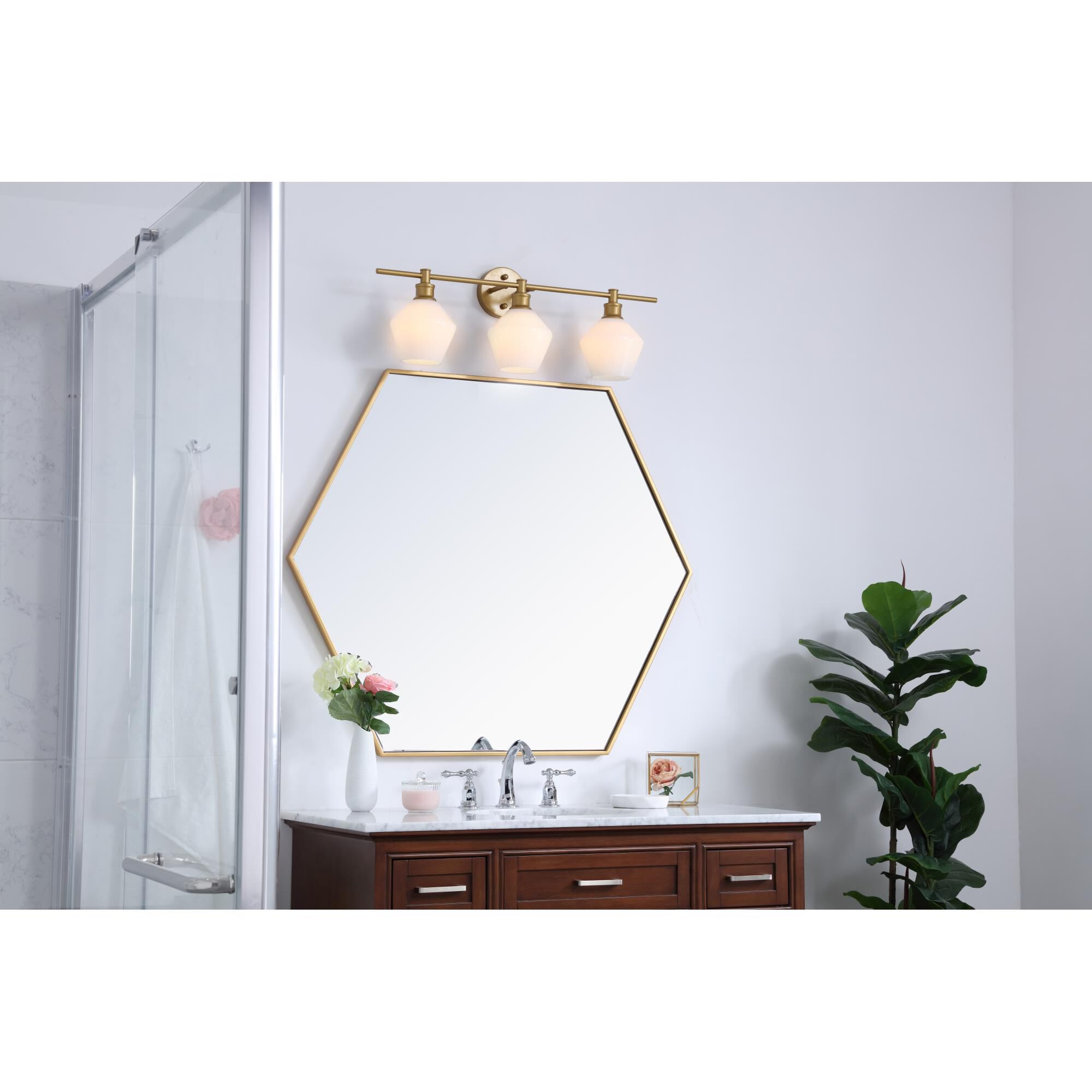 Shown in Brass finish and Frosted White  glass