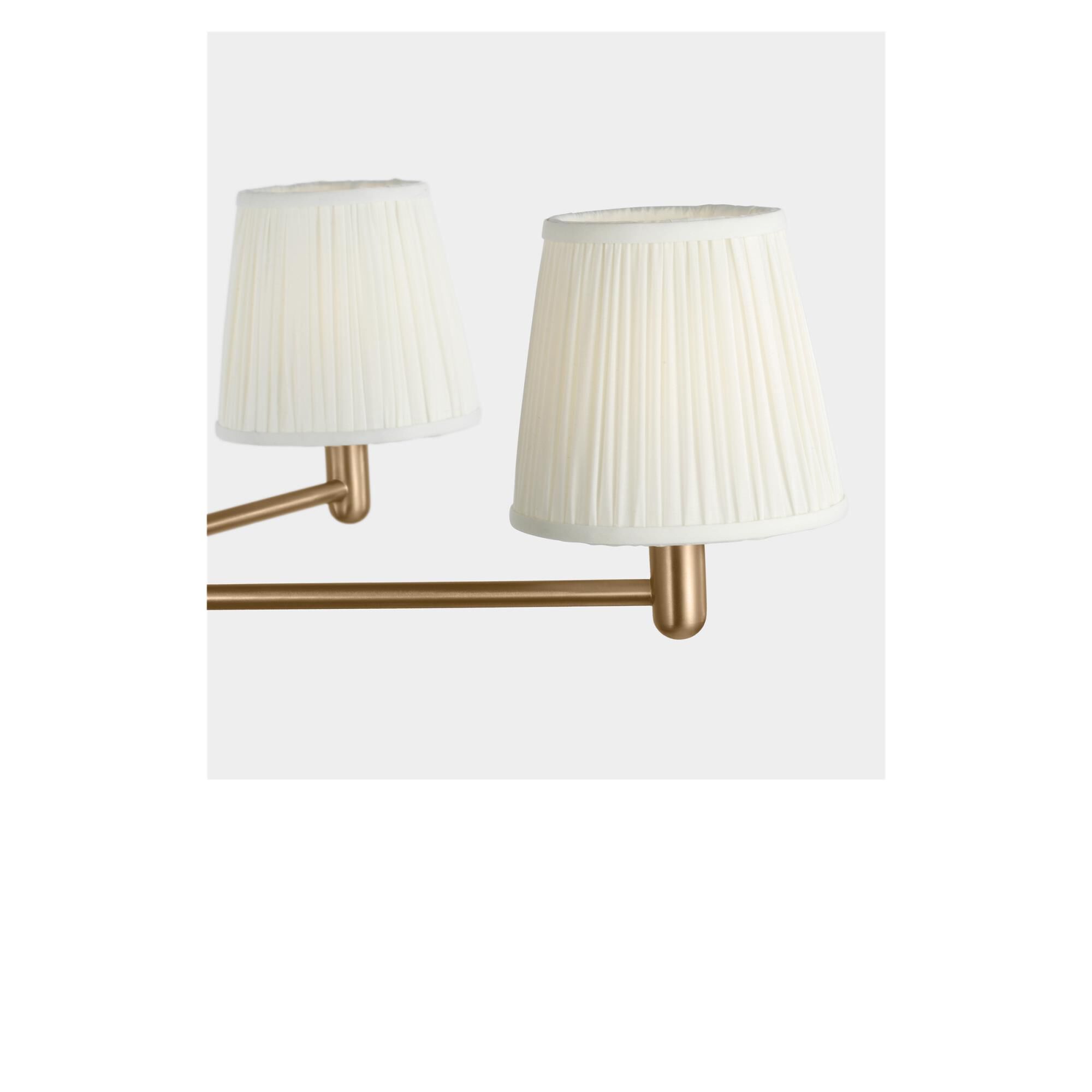 Shown in Satin Brass finish and Mushroom Pleat Fabric shade