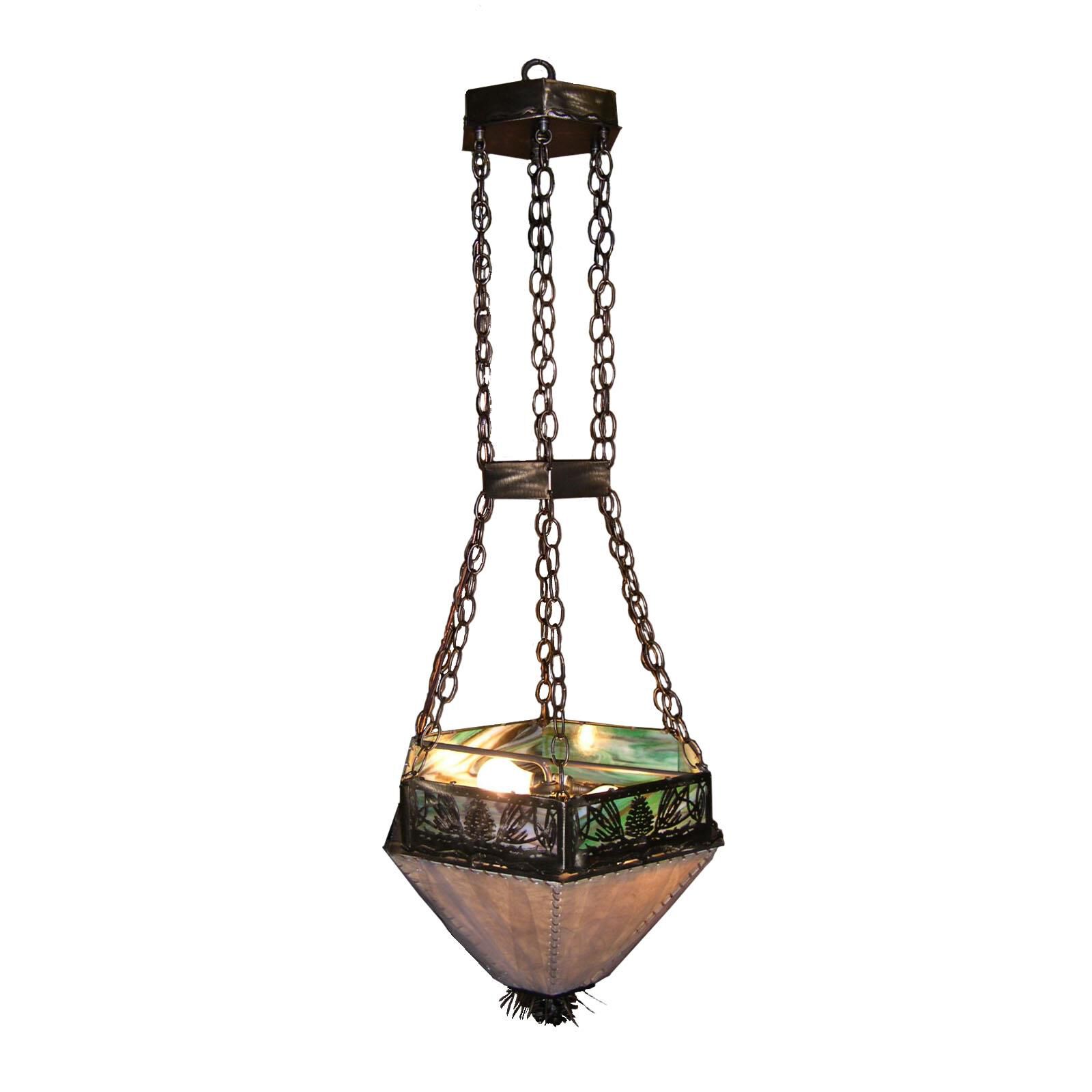 Shown in Antique Copper Finish finish and Pine Green glass