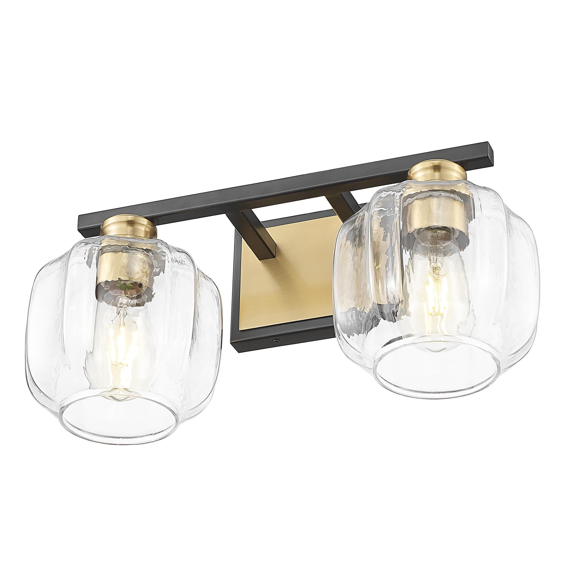 Shown in Matte Black And Brass finish and Clear Glass Globes shade