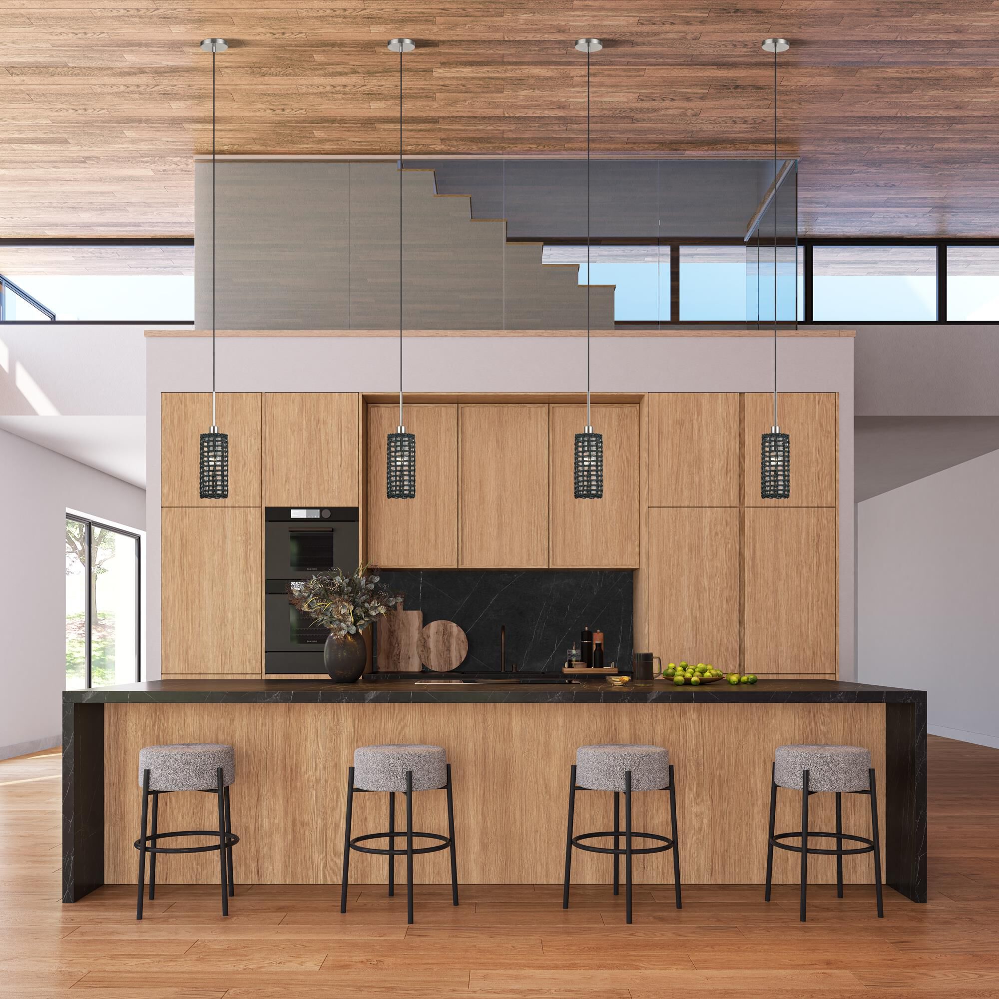 Shown in Brushed Nickel finish and Hand-Woven Midnight Black Color Paper Rope On Top Of Clear shade