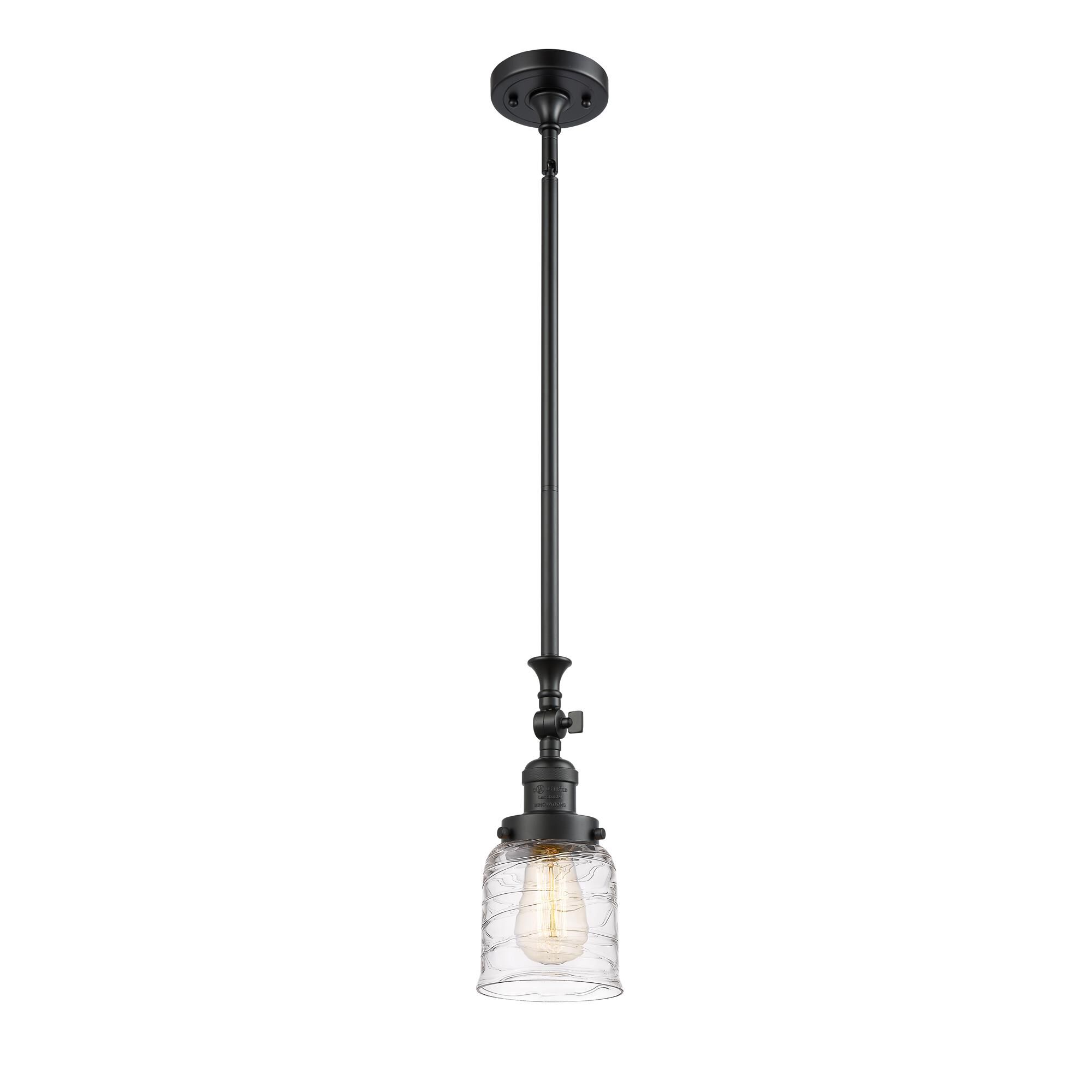 Shown in Matte Black finish and Clear Deco Swirl glass