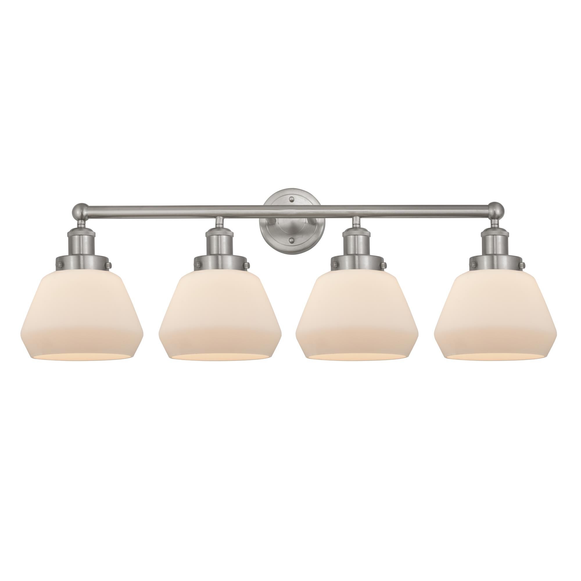 Shown in Brushed Satin Nickel, Matte White finish and Matte White glass and Matte White Glass shade
