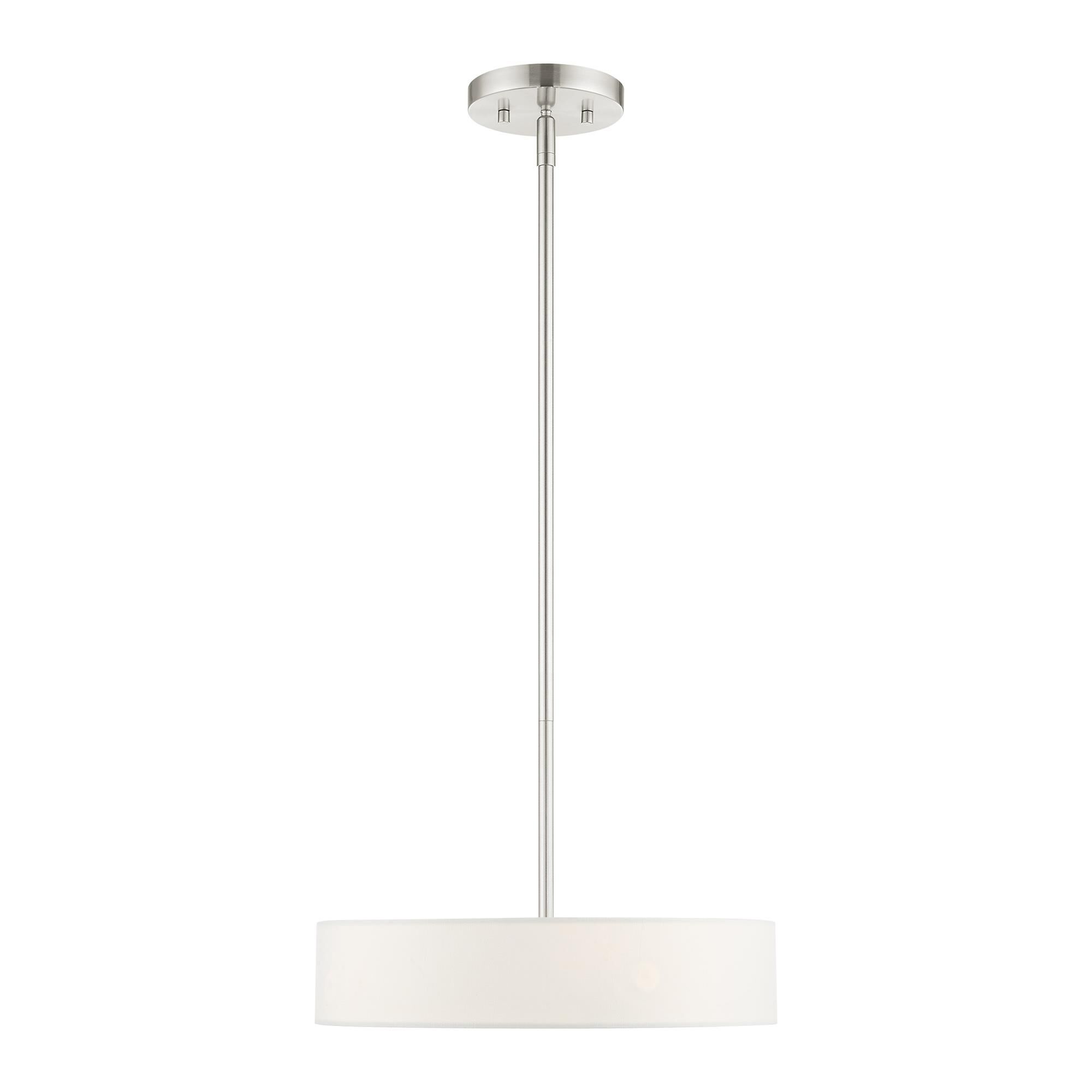 Shown in Brushed Nickel finish and Hand Crafted Off White Fabric Hardback Shade glass and Hand Crafted Off White Fabric Hardback shade