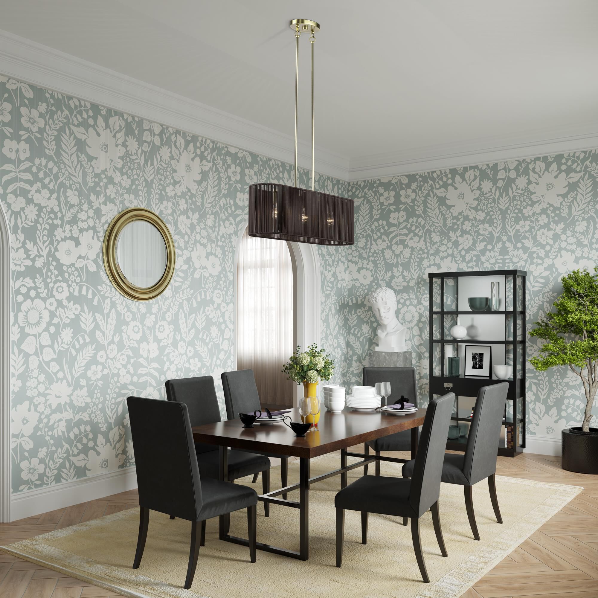 Shown in Antique Brass finish and Hand-Woven Dark Chocolate Color Polyester Rope shade