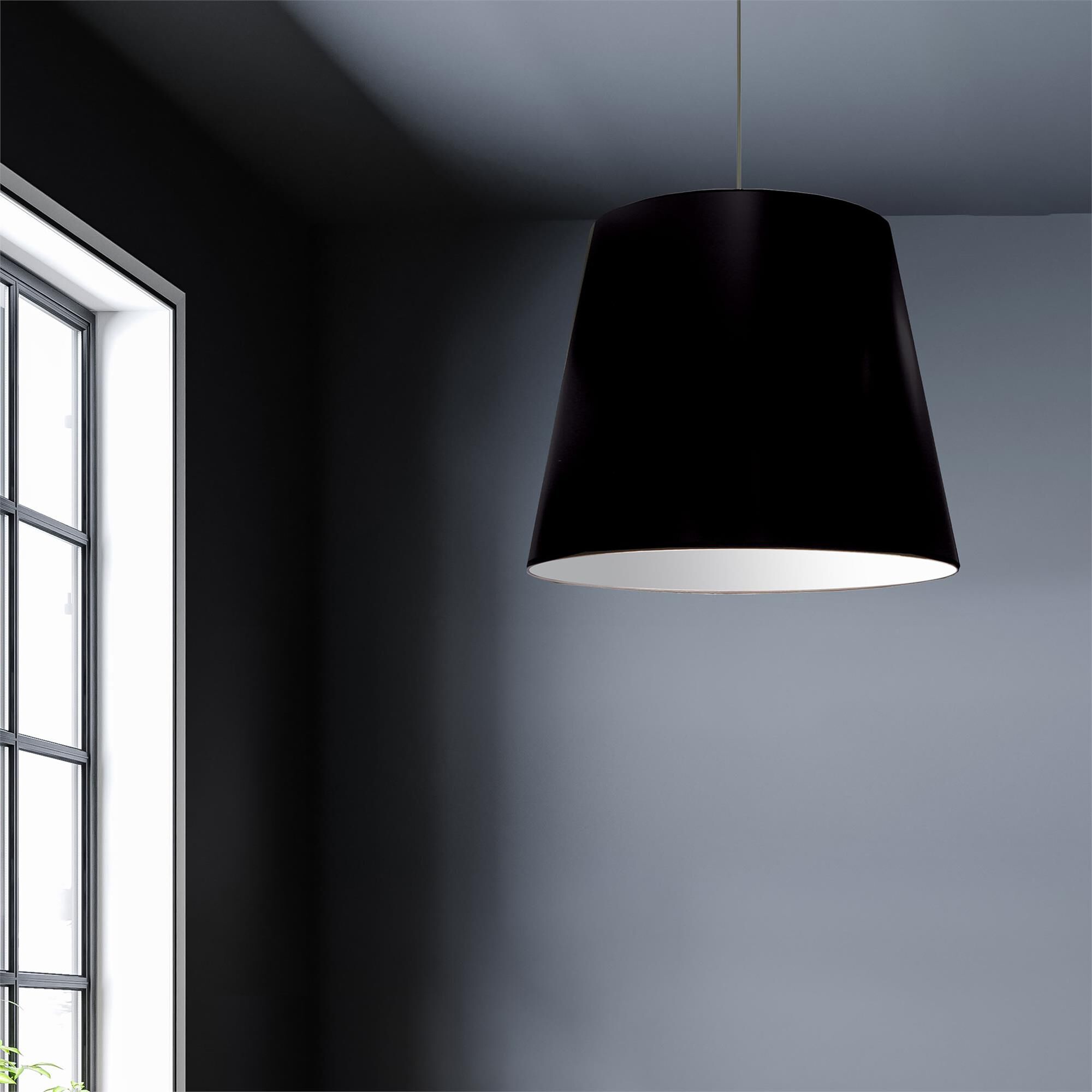 Shown in Black and Polished Chrome finish and Black Fabric Drum shade and Polished Chrome accent