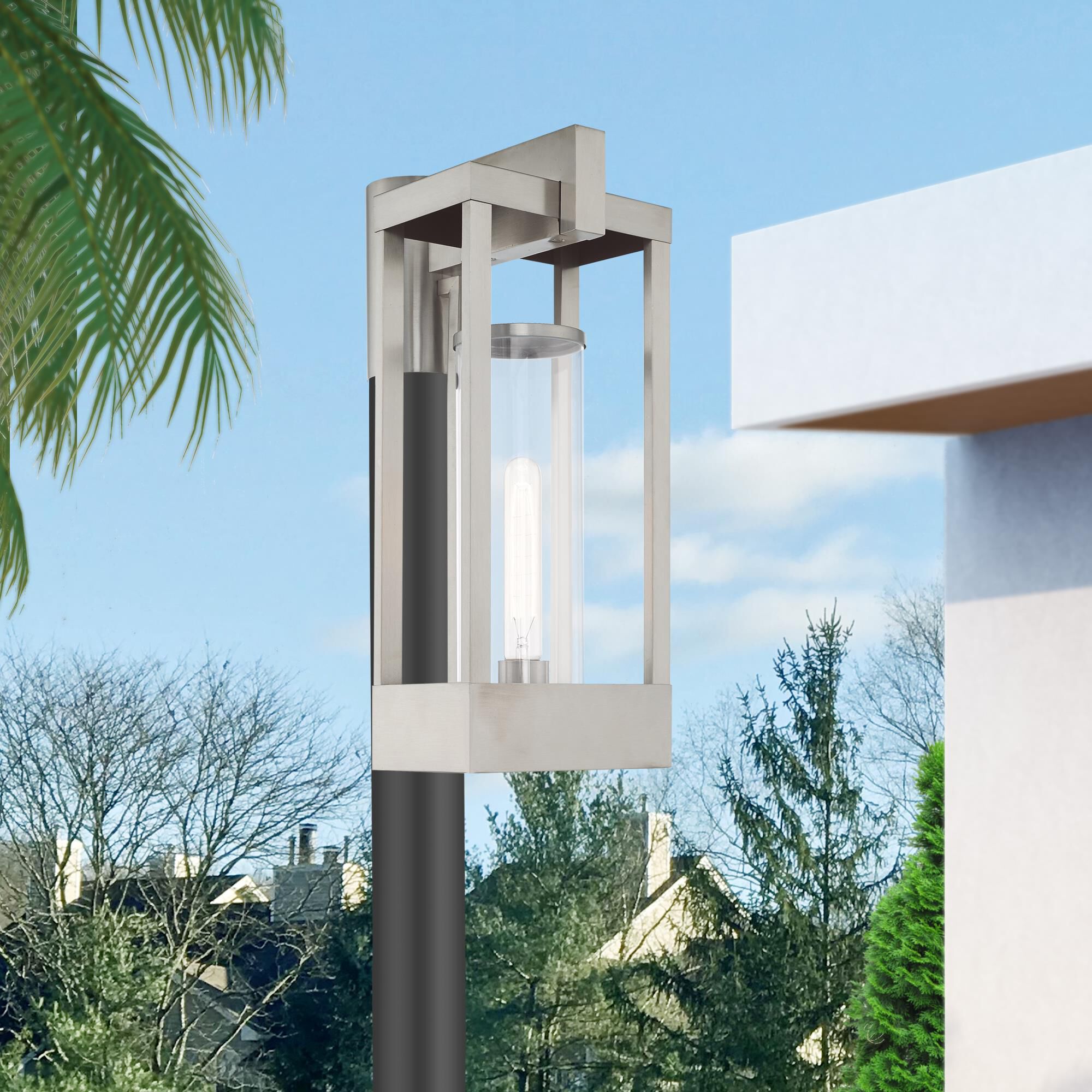 Shown in Brushed Nickel finish and Cylinder Clear glass