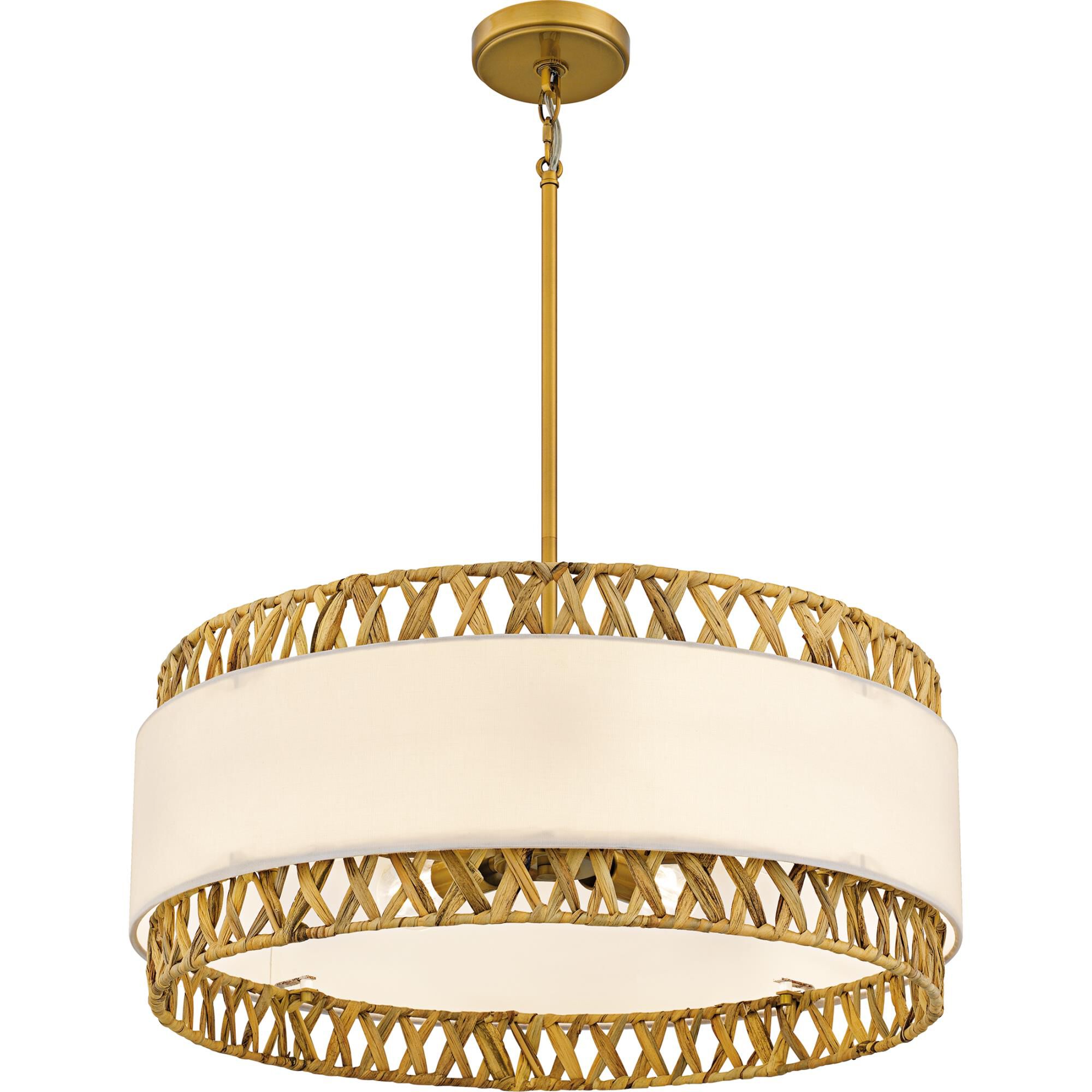 Shown in Brushed Gold finish and White Linen And Rattan shade