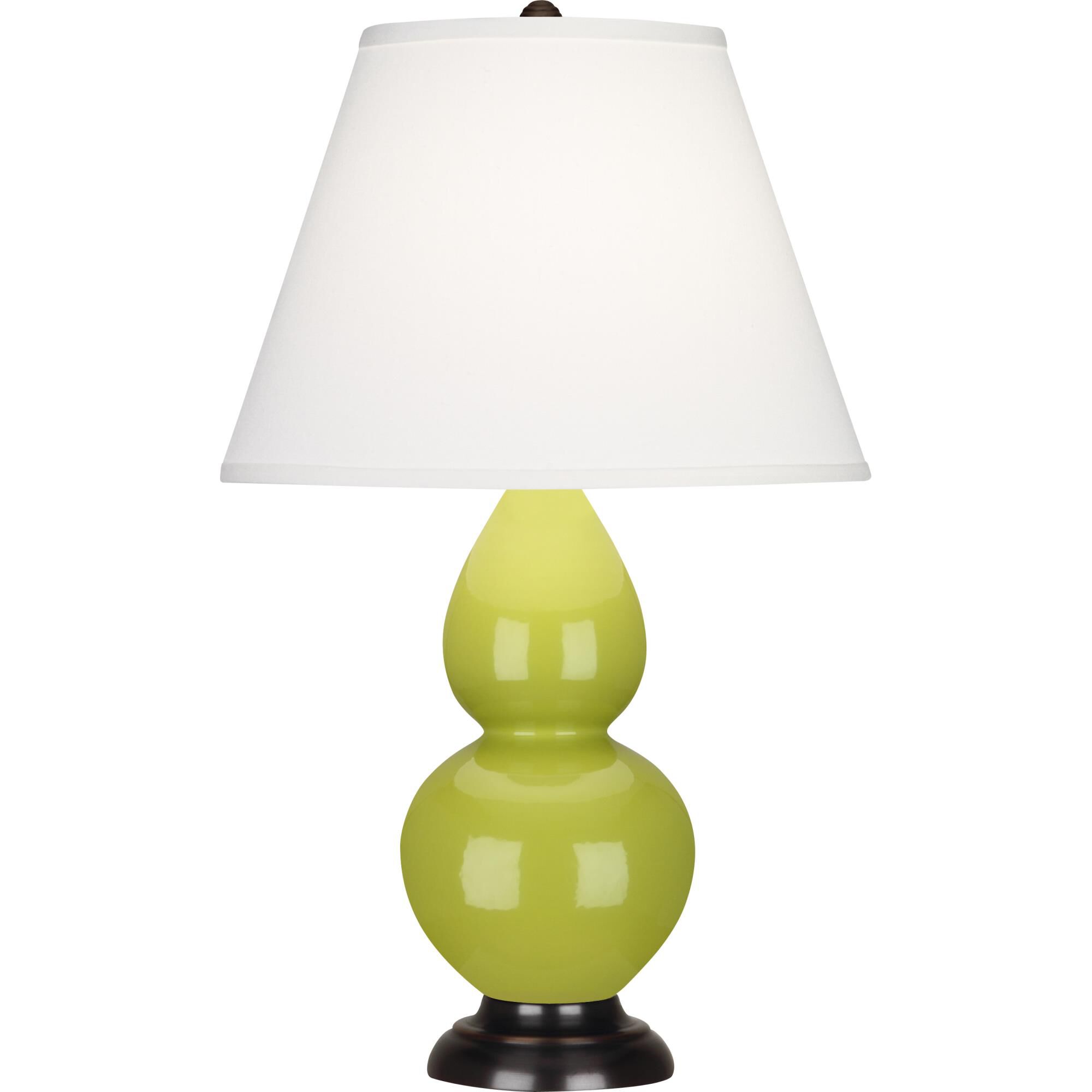 Shown in Apple Glazed Ceramic With Deep Patina Bronze ed Accents finish and Pearl Dupioni Fabric shade