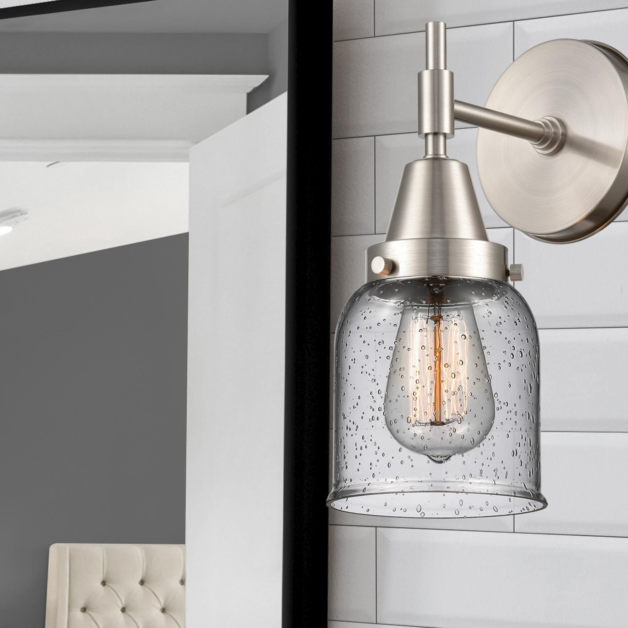 Shown in Satin Nickel finish and Seedy Large Cone glass