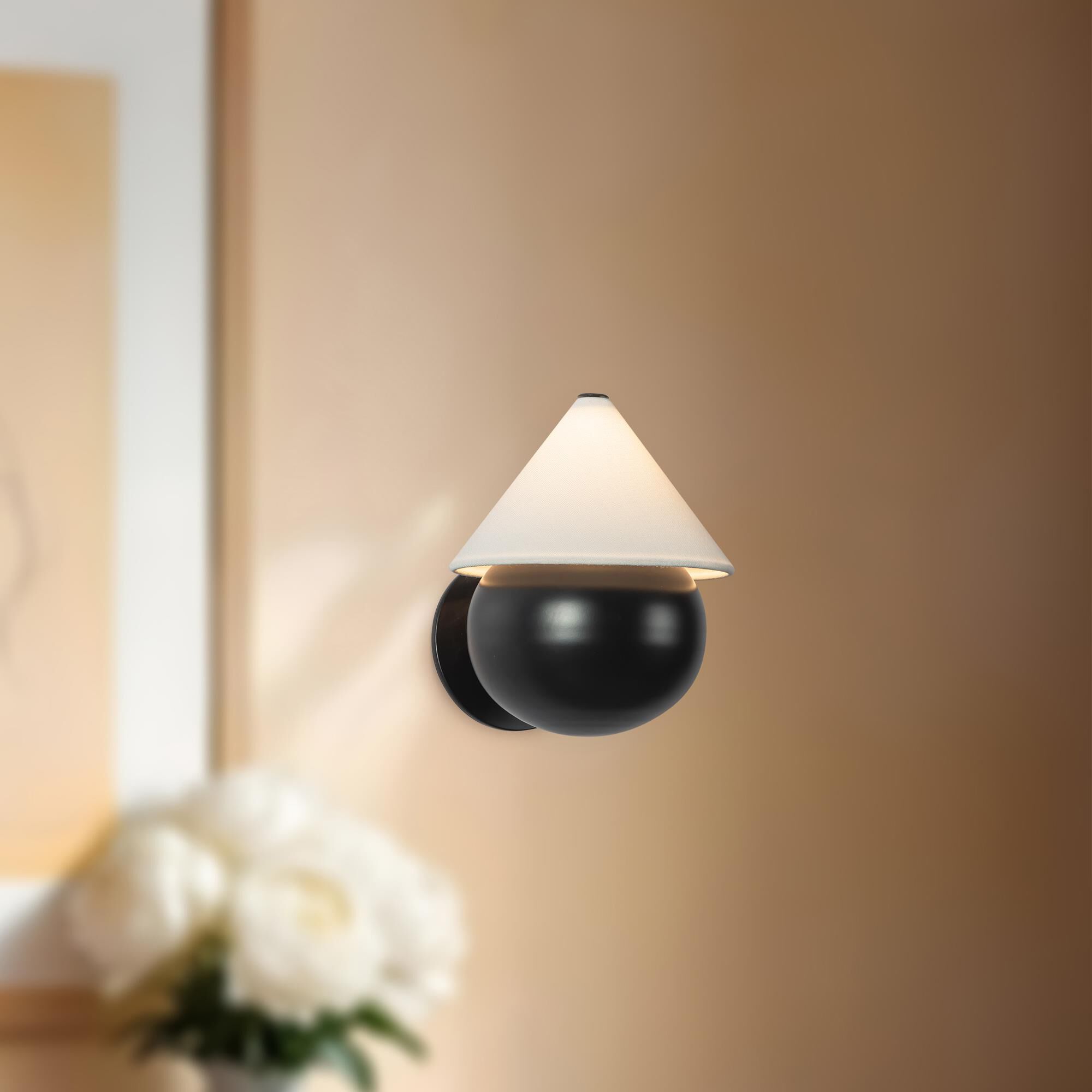 Shown in Matte Black finish and White Linen shade