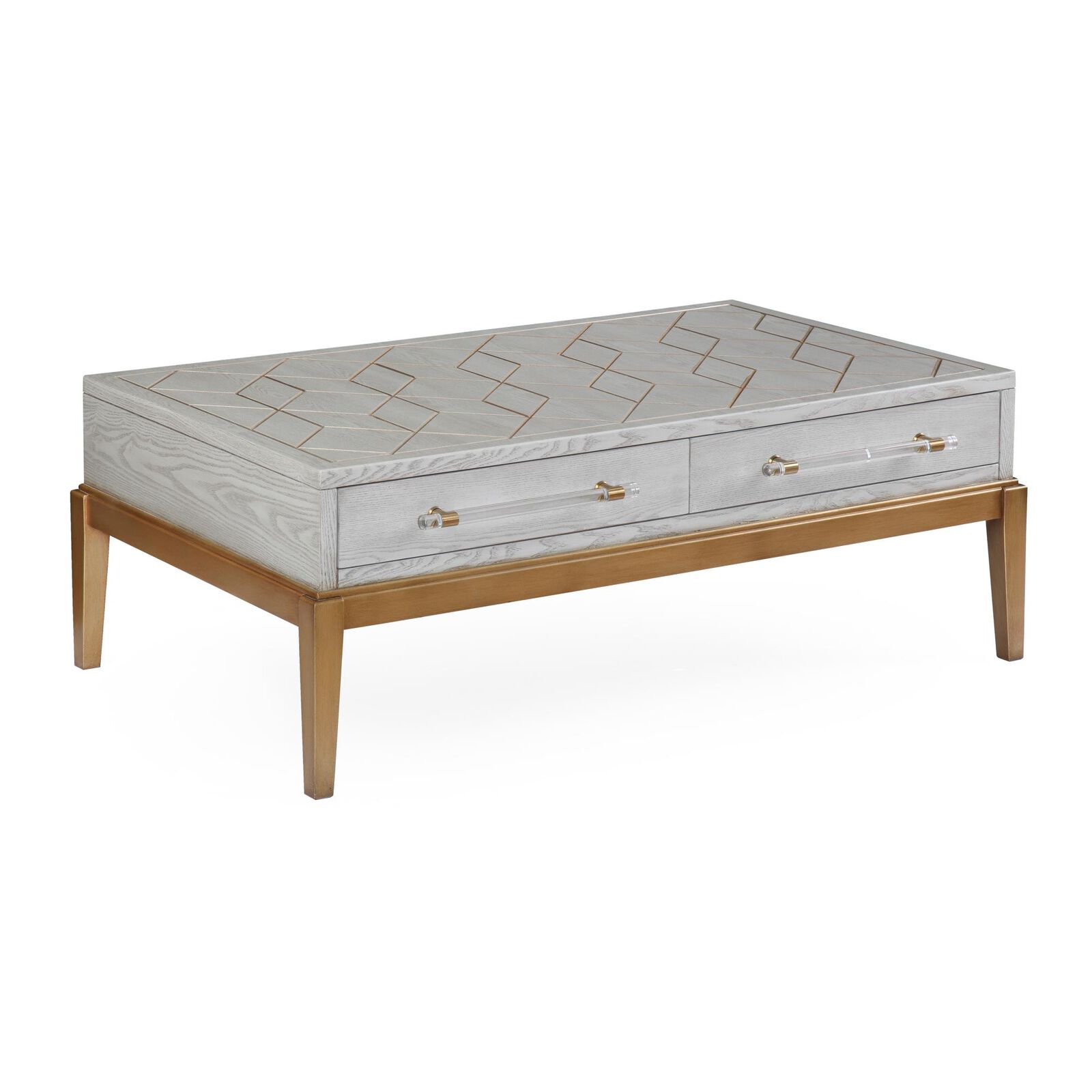 Perrine coffee table in gray and gold finish on a plain background.