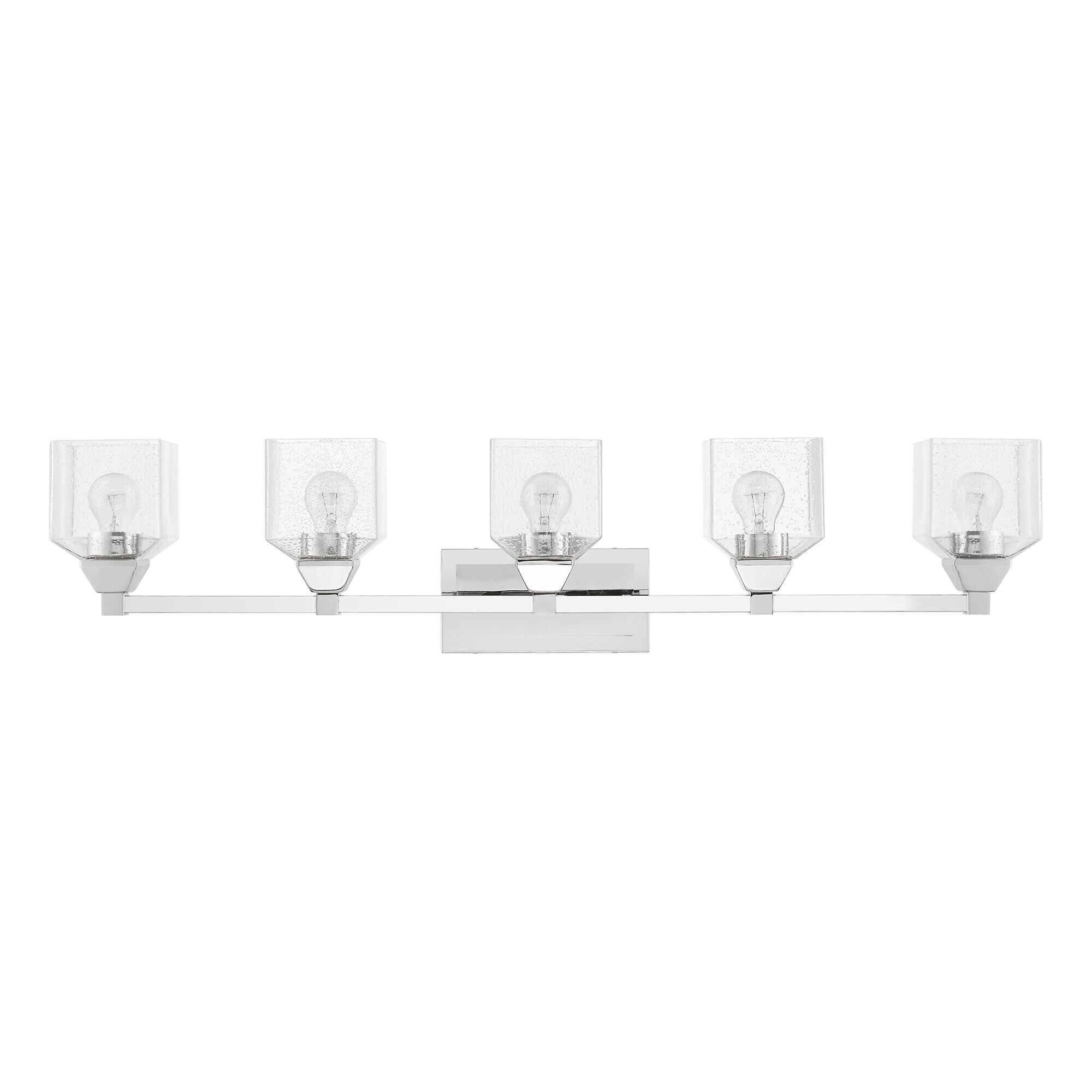 Shown in Polished Chrome finish and Hand Blown Clear Seeded glass