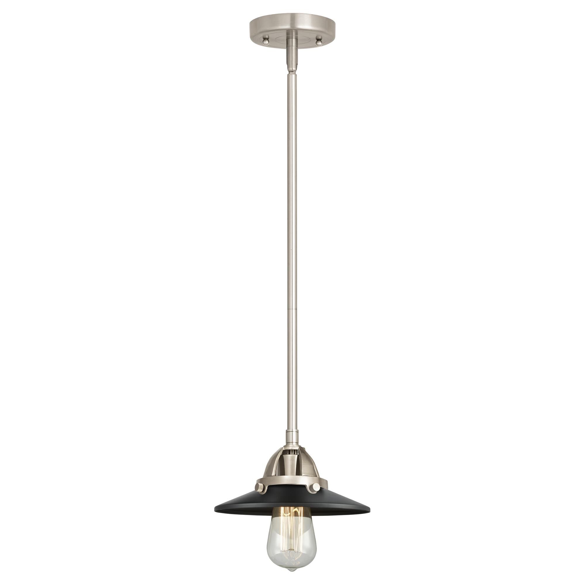 Shown in Brushed Satin Nickel finish and No Glass glass and Matte Black Railroad shade