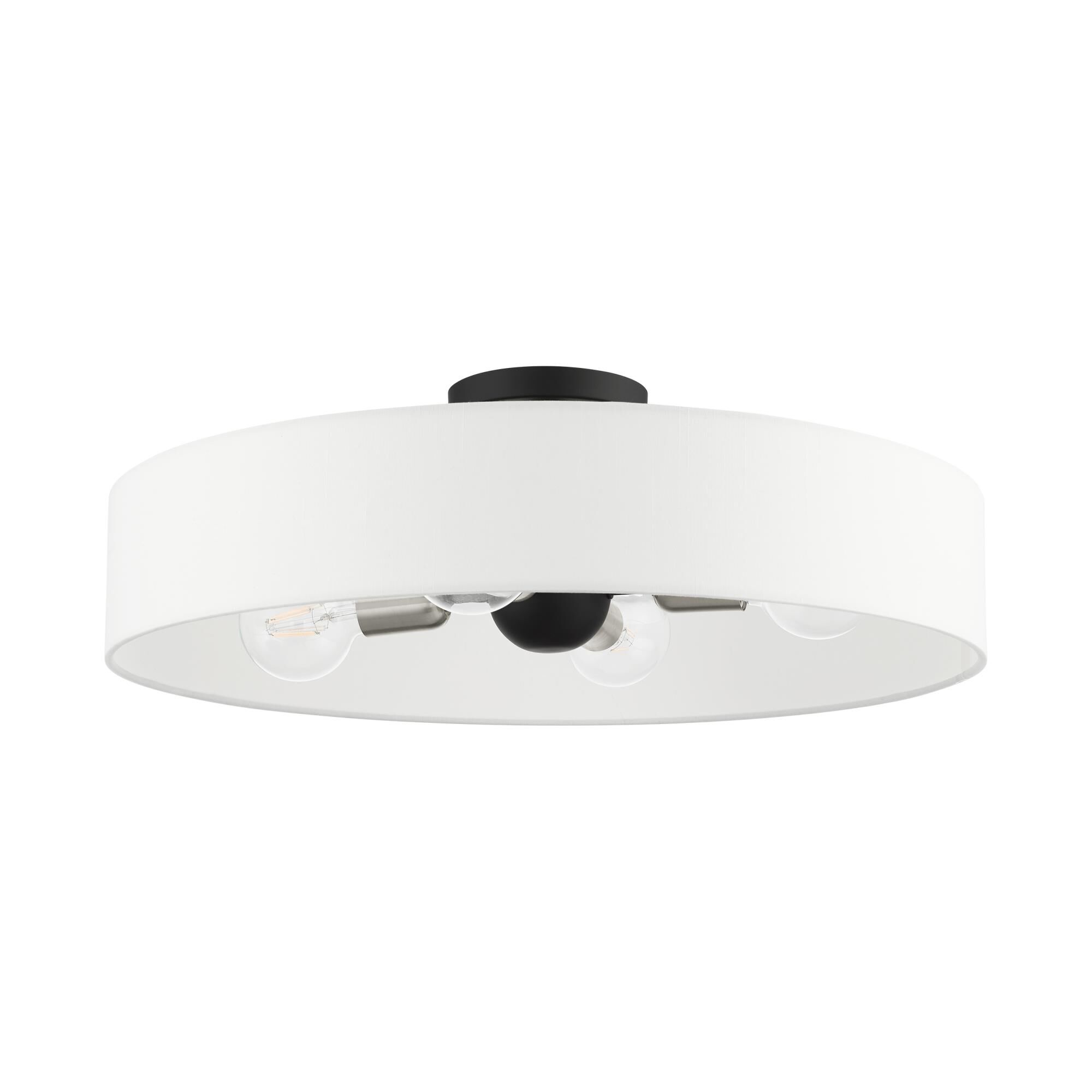 Shown in Black With Brushed Nickel Accents finish and Hand Crafted Off White Fabric Hardback Shade glass and Hand Crafted Off White Fabric Hardback shade