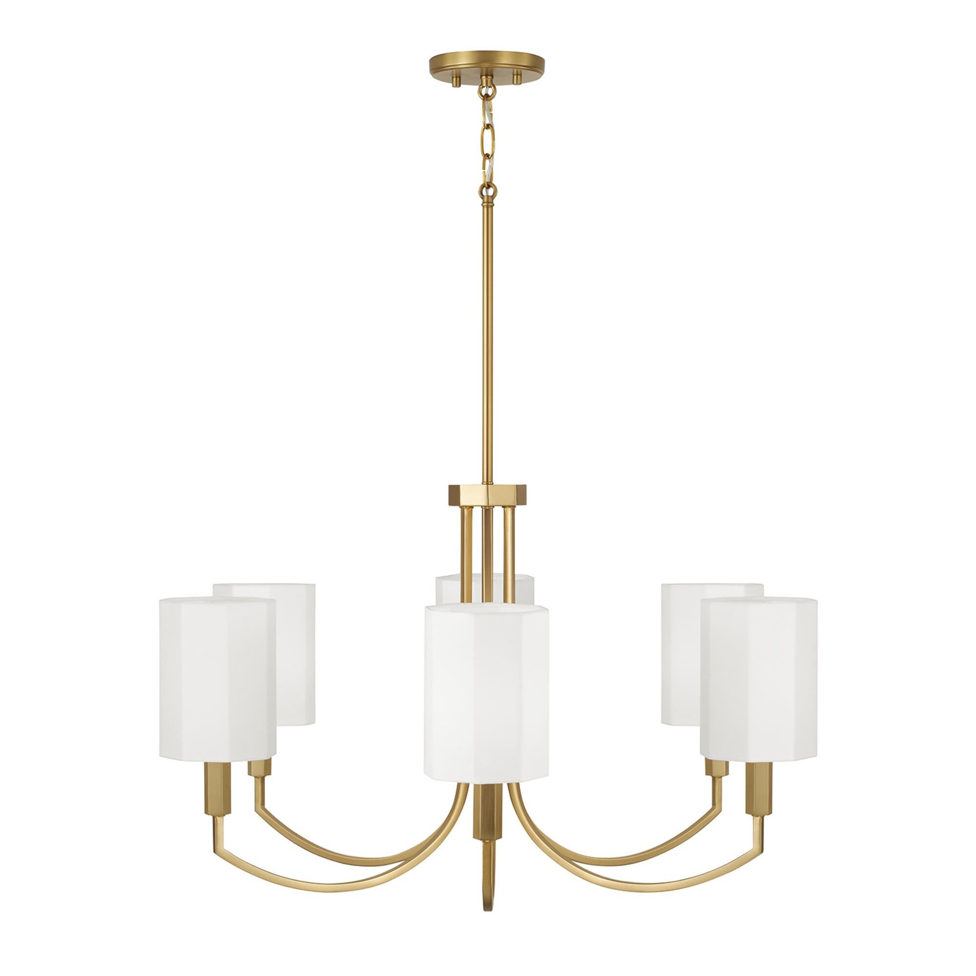 Shown in Aged Brass finish and White Fabric Octagonal s shade