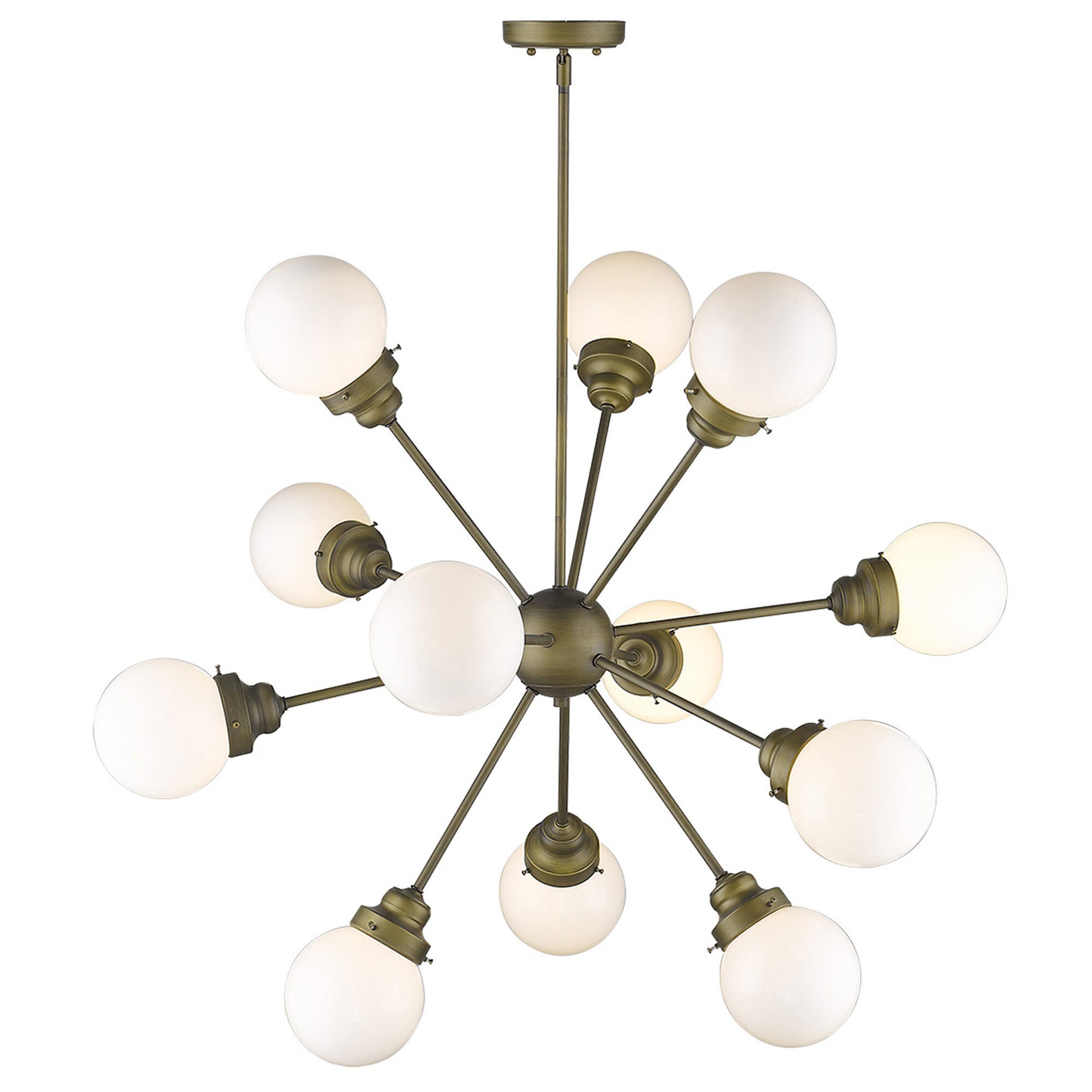 Shown in Raw Brass finish and Opal glass and Opal, Glass Globes shade