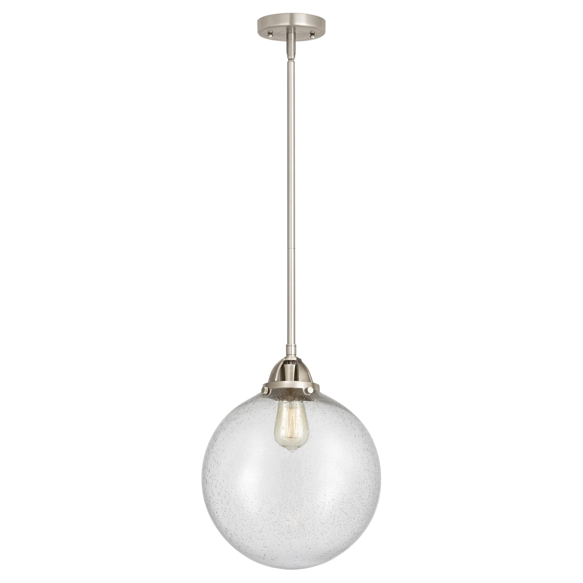 Shown in Brushed Satin Nickel finish and Seedy Globe glass and No Shade shade