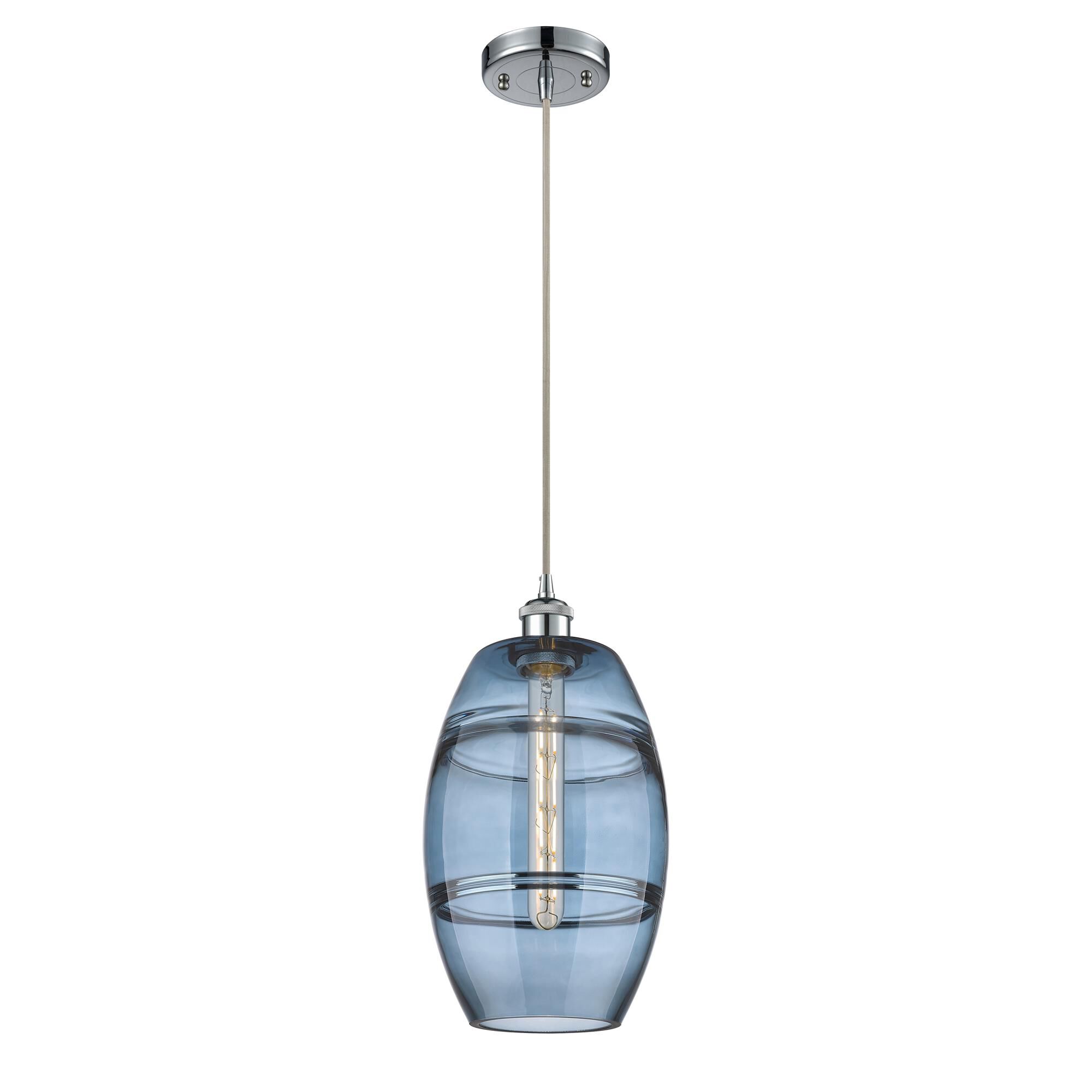 Shown in Polished Chrome finish and Princess Blue glass