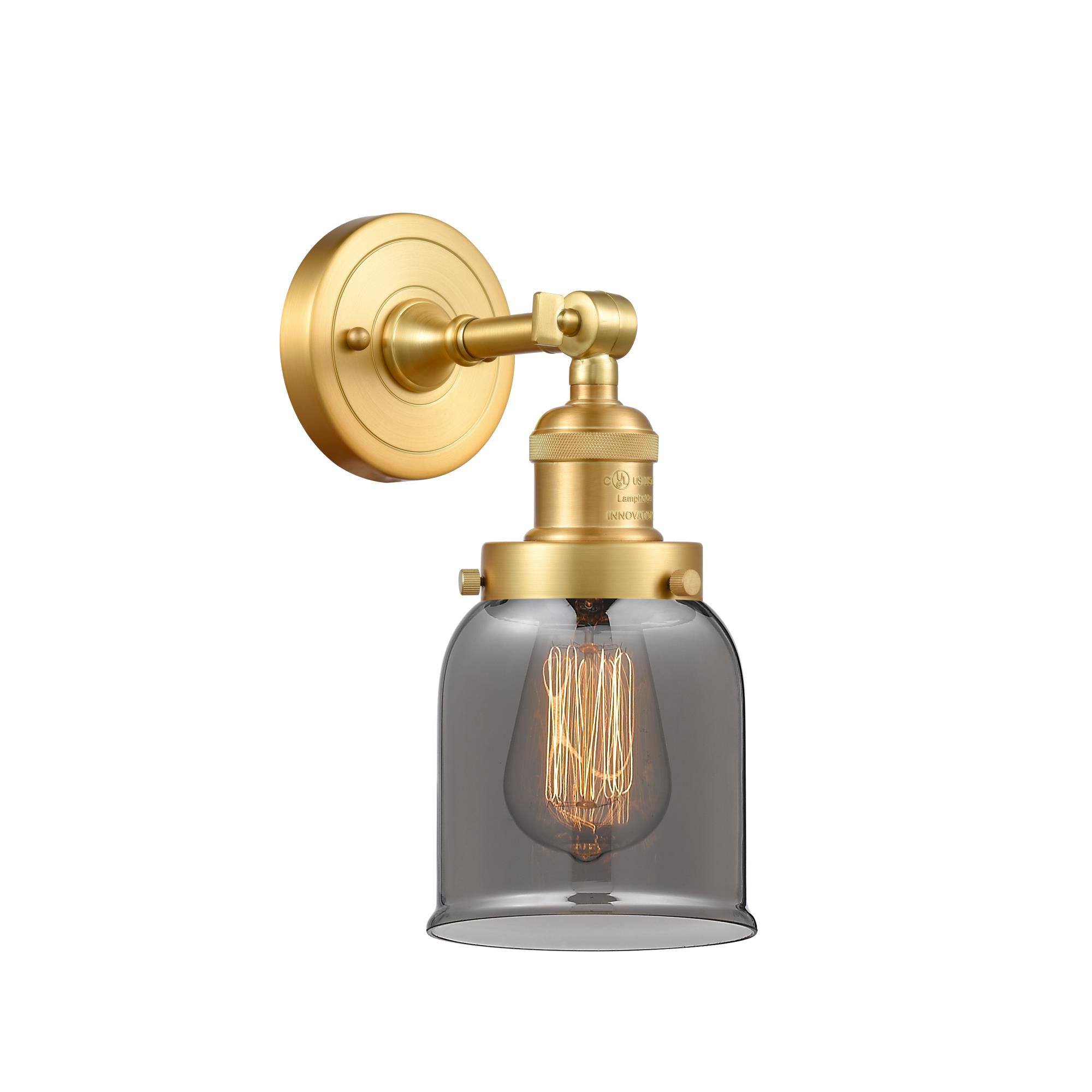 Shown in Satin Gold finish and Plated Smoke Small Bell glass