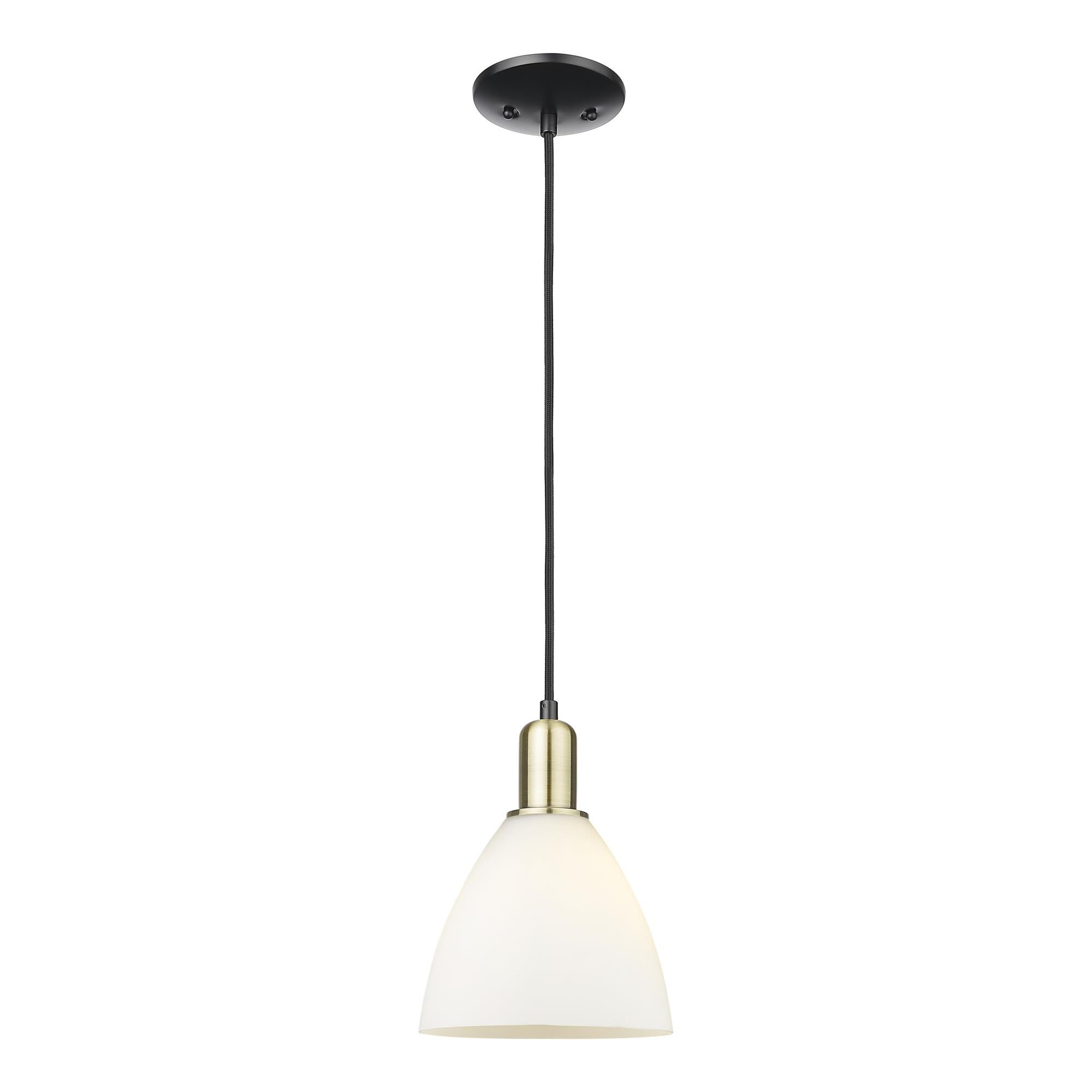 Shown in Black Antique Brass finish and Matte White glass
