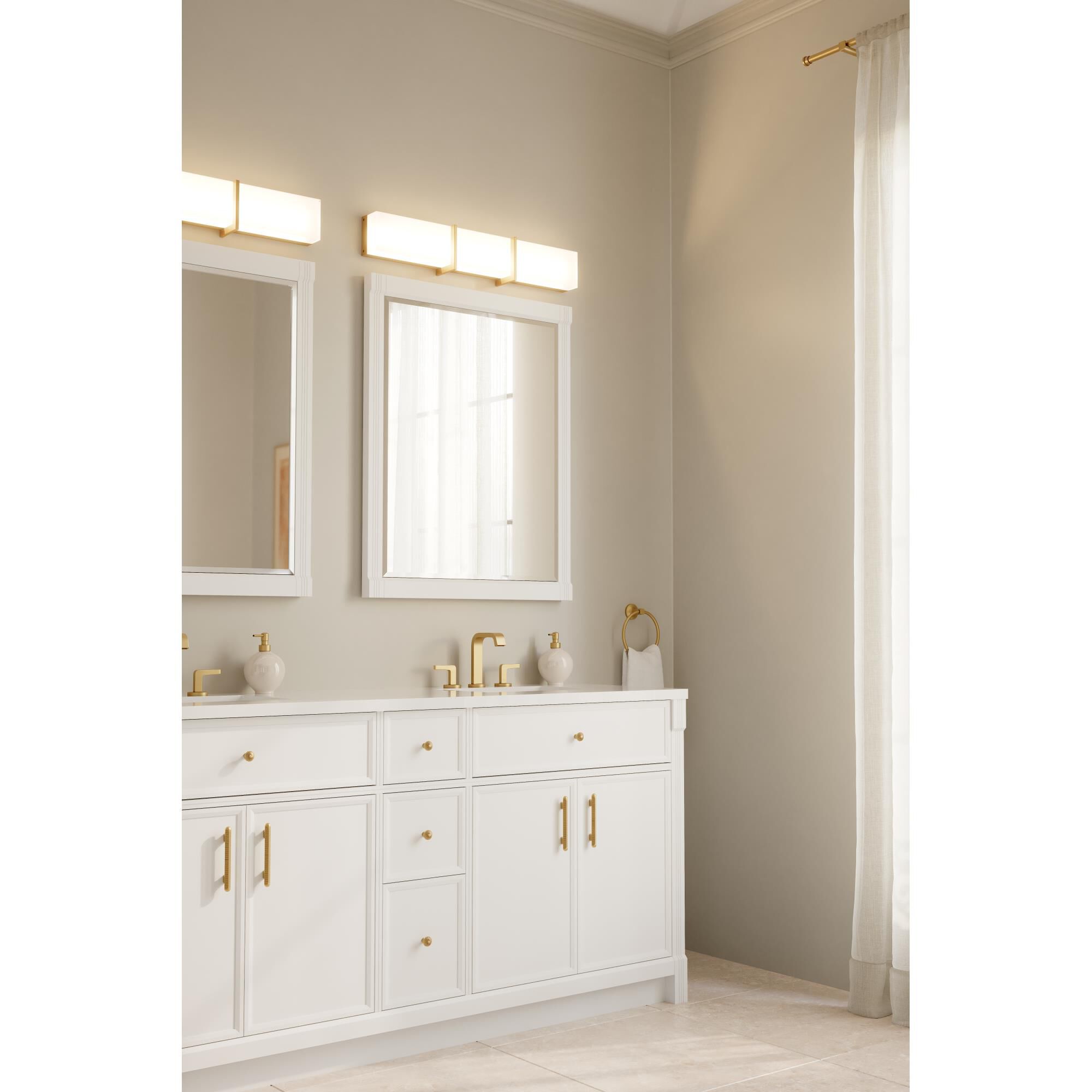 Shown in Legacy Brass finish and White glass