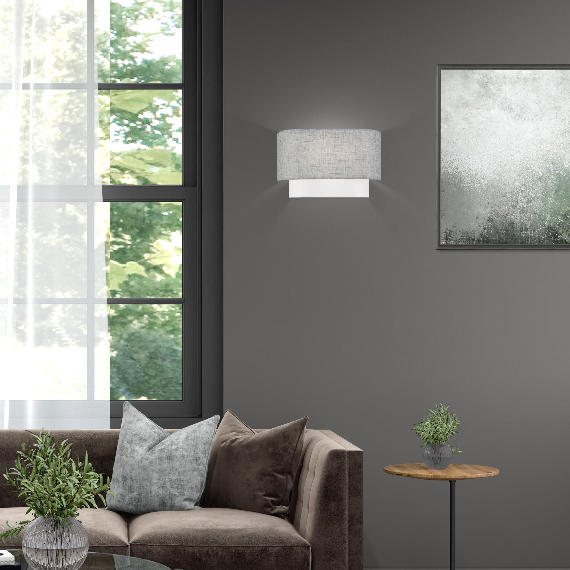 Shown in Brushed Nickel finish and Hand Crafted Urban Gray and Hand Crafted White Fabric Hardbacks with White Fabric Inside shade