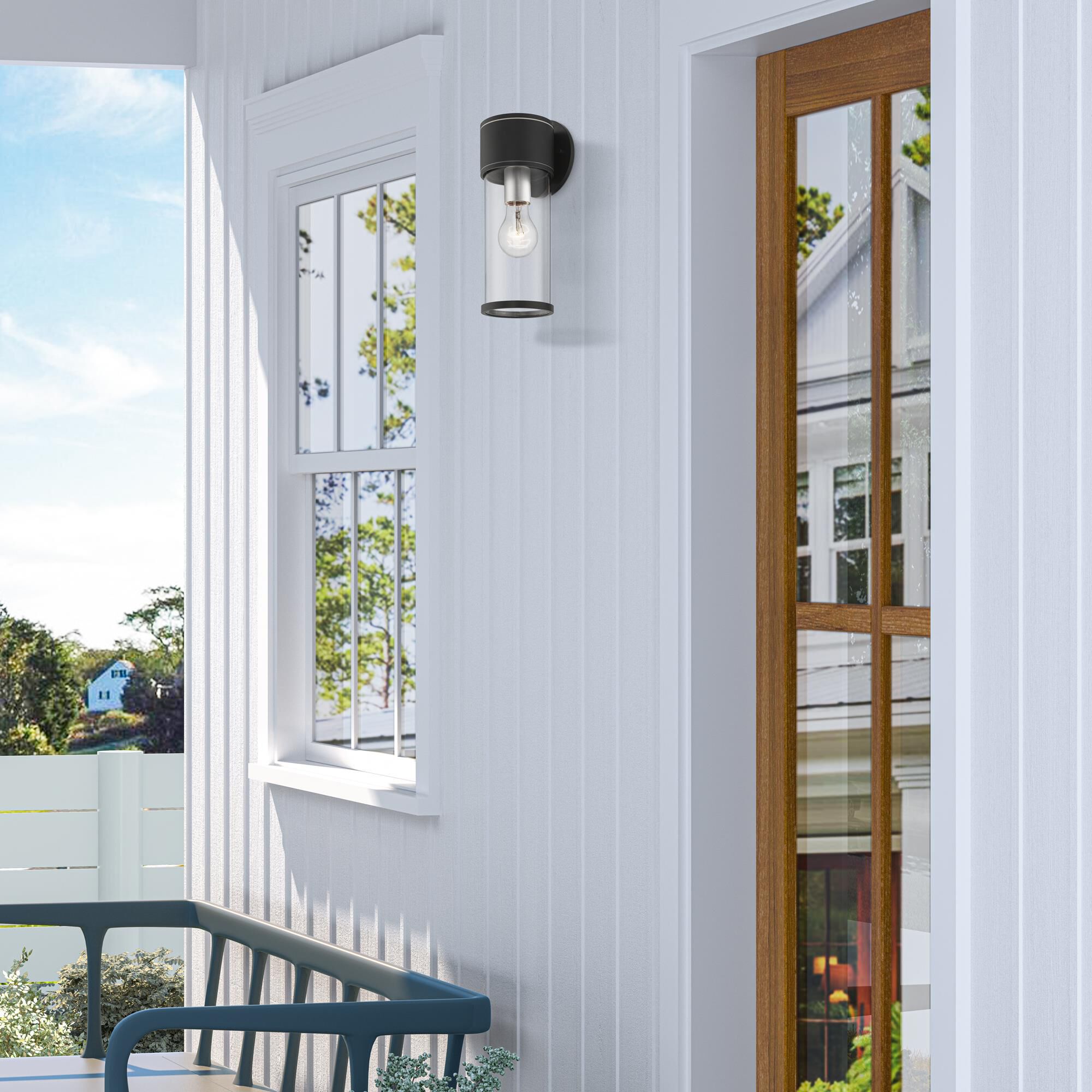 Shown in Textured Black With Antique Silver Accents finish and Clear glass