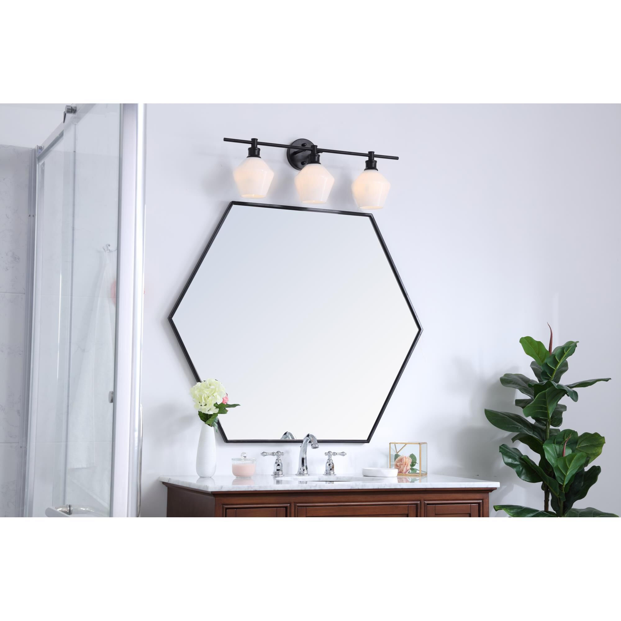 Shown in Black finish and Frosted White  glass