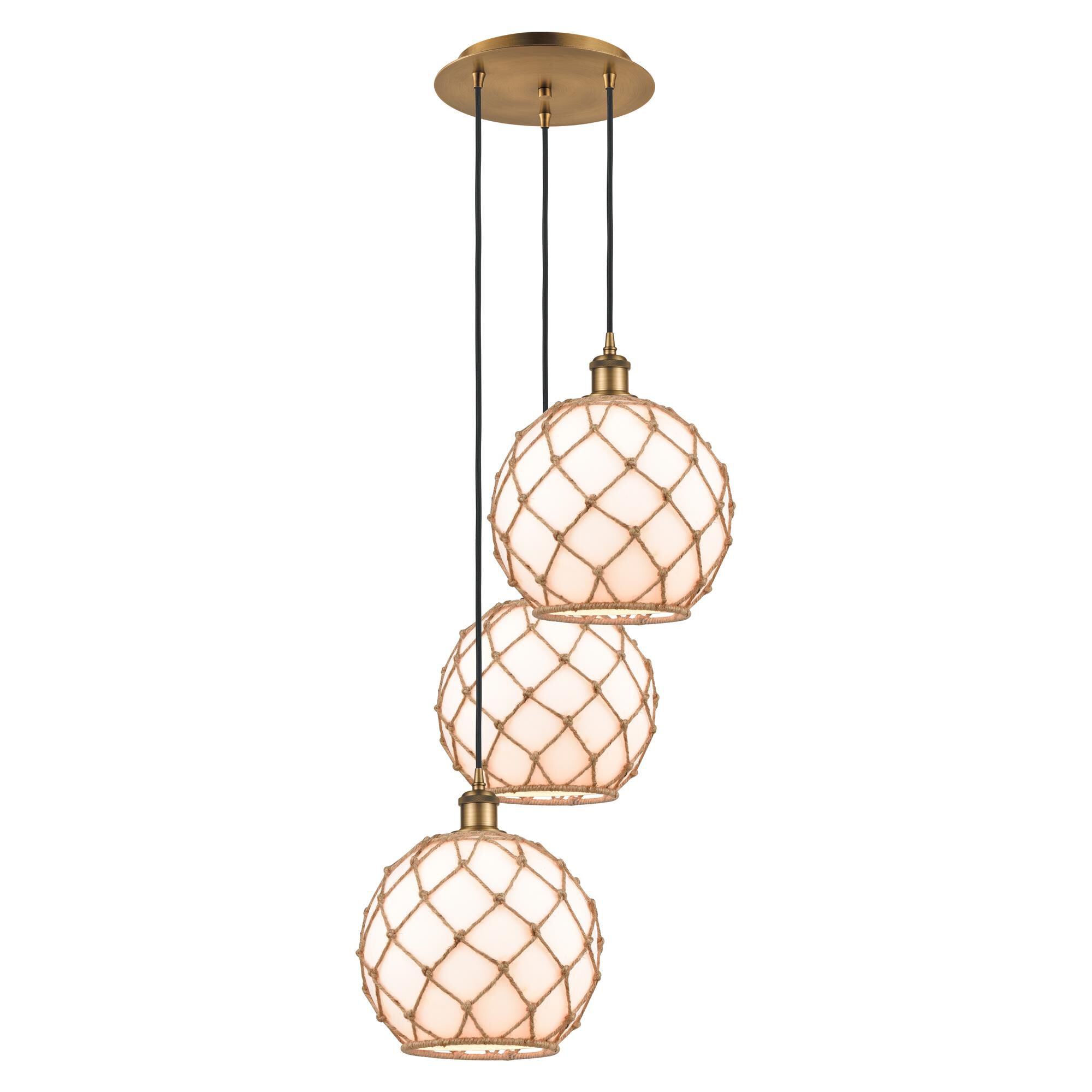 Shown in Brushed Brass finish and White with Brown Rope glass